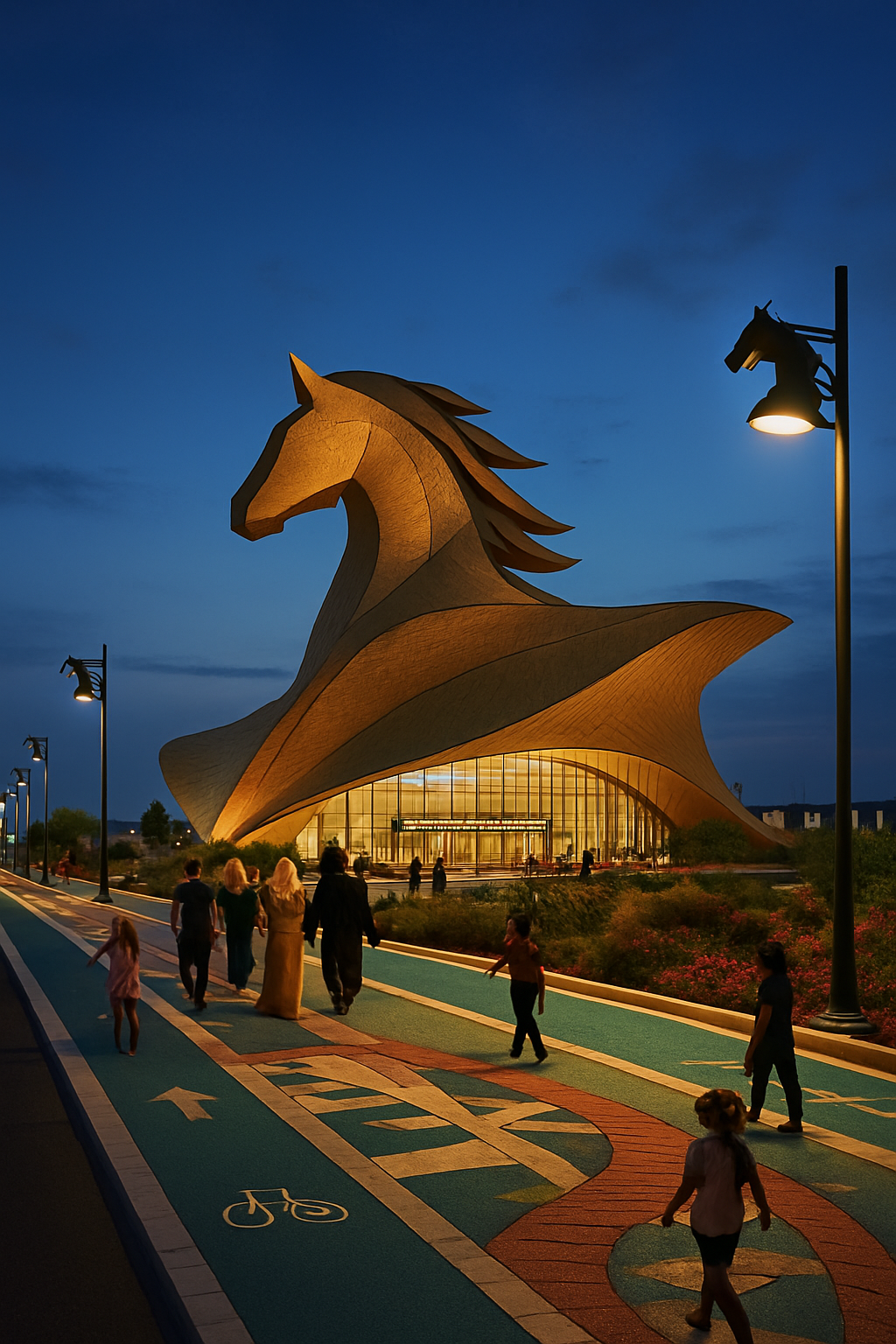 A large illuminated sculpture of a horse's head and neck at dusk, with people walking on a colorful bike path in front.