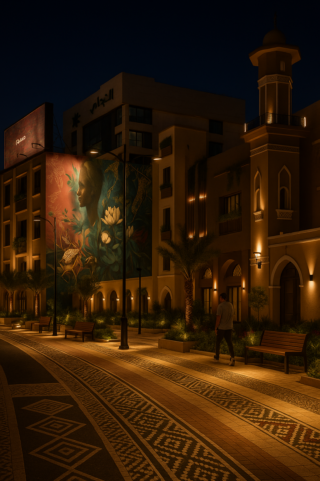 Nighttime street scene with Pashto language signage, mural of a woman with floral elements, palm trees, benches, and a person walking.