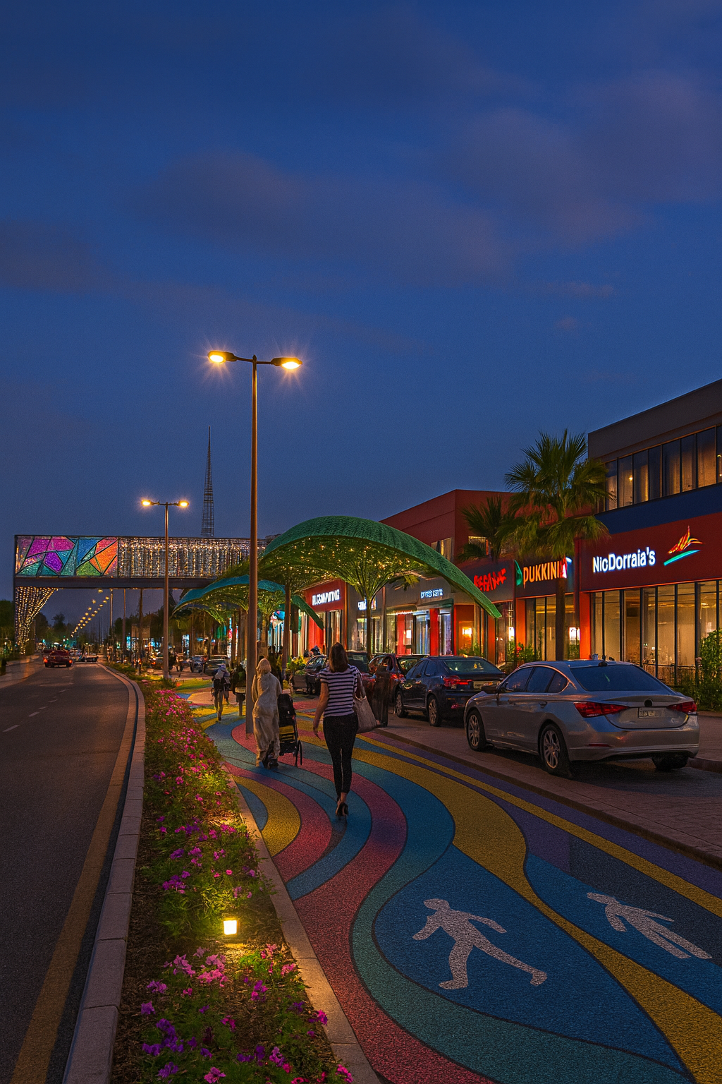 People walking on a colorful, artistic pedestrian and bike path beside a shopping center at dusk, with cars parked along the street and illuminated shop signs.