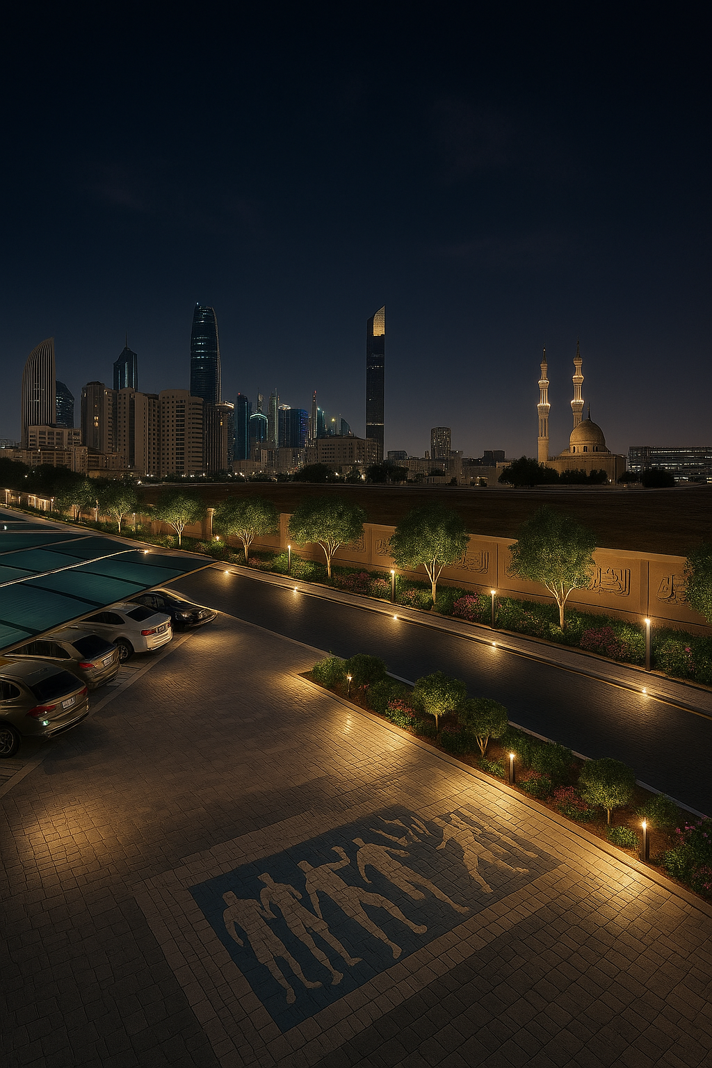 Night view of Dubai skyline with illuminated skyscrapers, a mosque with two minarets, and a parking lot with cars and decorative lighting.