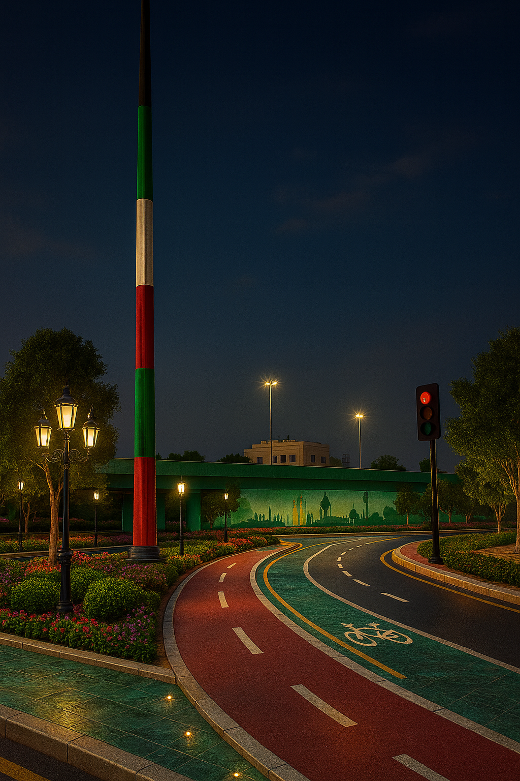 A nighttime scene of a city street with a bicycle lane, decorative street lamps, trees, and a traffic light showing red. There is a large tower with painted stripes and a mural of a cityscape on a wall.