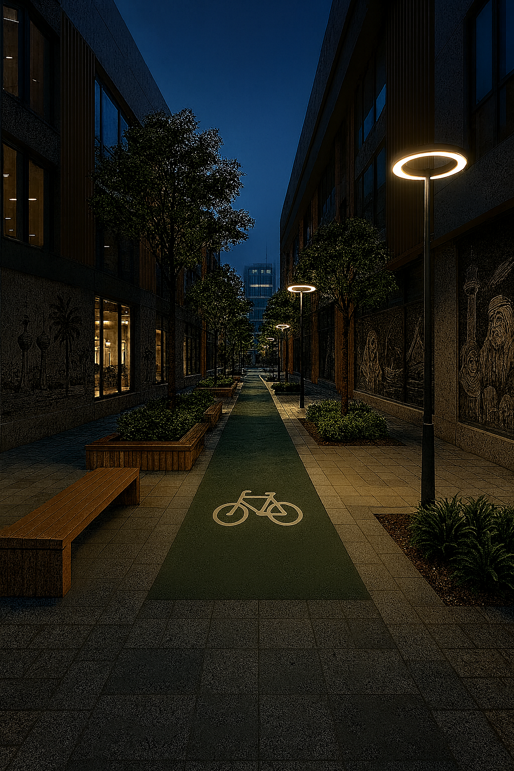 Nighttime urban scene with a bicycle lane, benches, trees, and modern streetlights between two tall buildings.