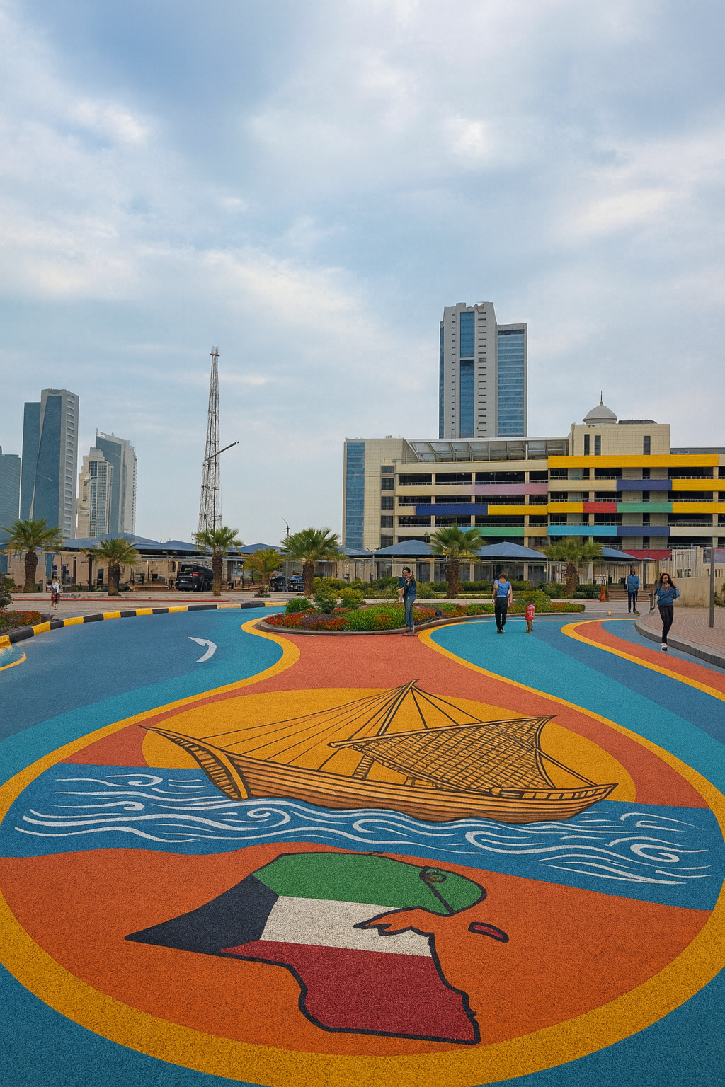 Colorful pedestrian pathway in an urban park with a painted boat, water, and map of Africa, surrounded by modern skyscrapers and some people walking.