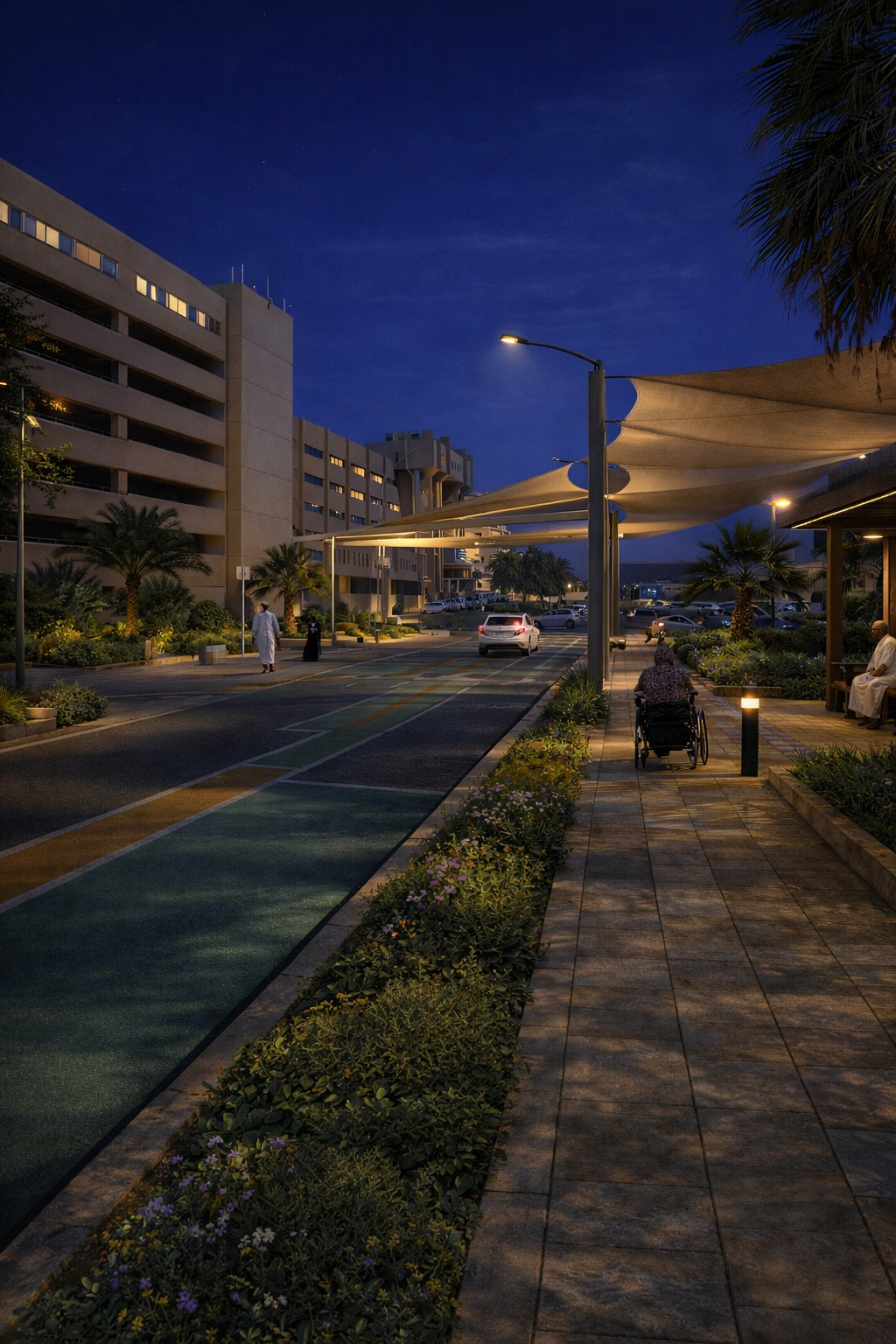 Nighttime scene in an urban area with buildings, palm trees, a pedestrian walkway, and a few people, including a person in a wheelchair, under streetlights and a canopy.