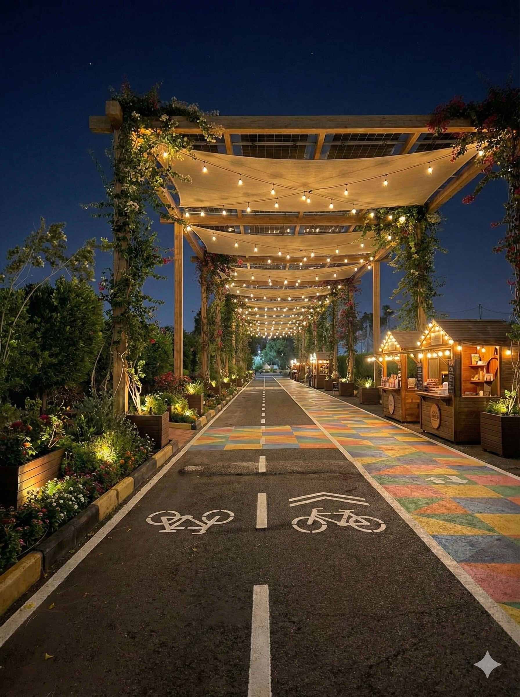 A vibrant outdoor bike lane during the evening, with colorful pavement, decorative lighting, and small outdoor vendor stalls along the sides, adorned with lush greenery and flowers.