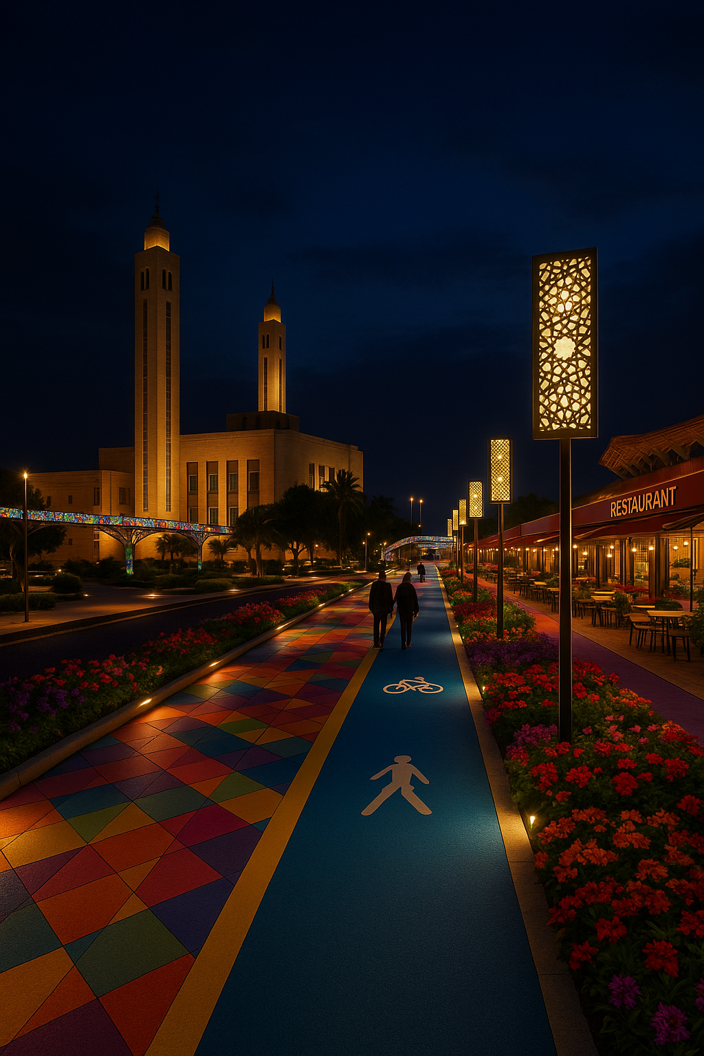 Night scene of a brightly lit urban walkway with two people walking, colorful patterned paving, decorative street lamps, and a mosque with twin minarets in the background.