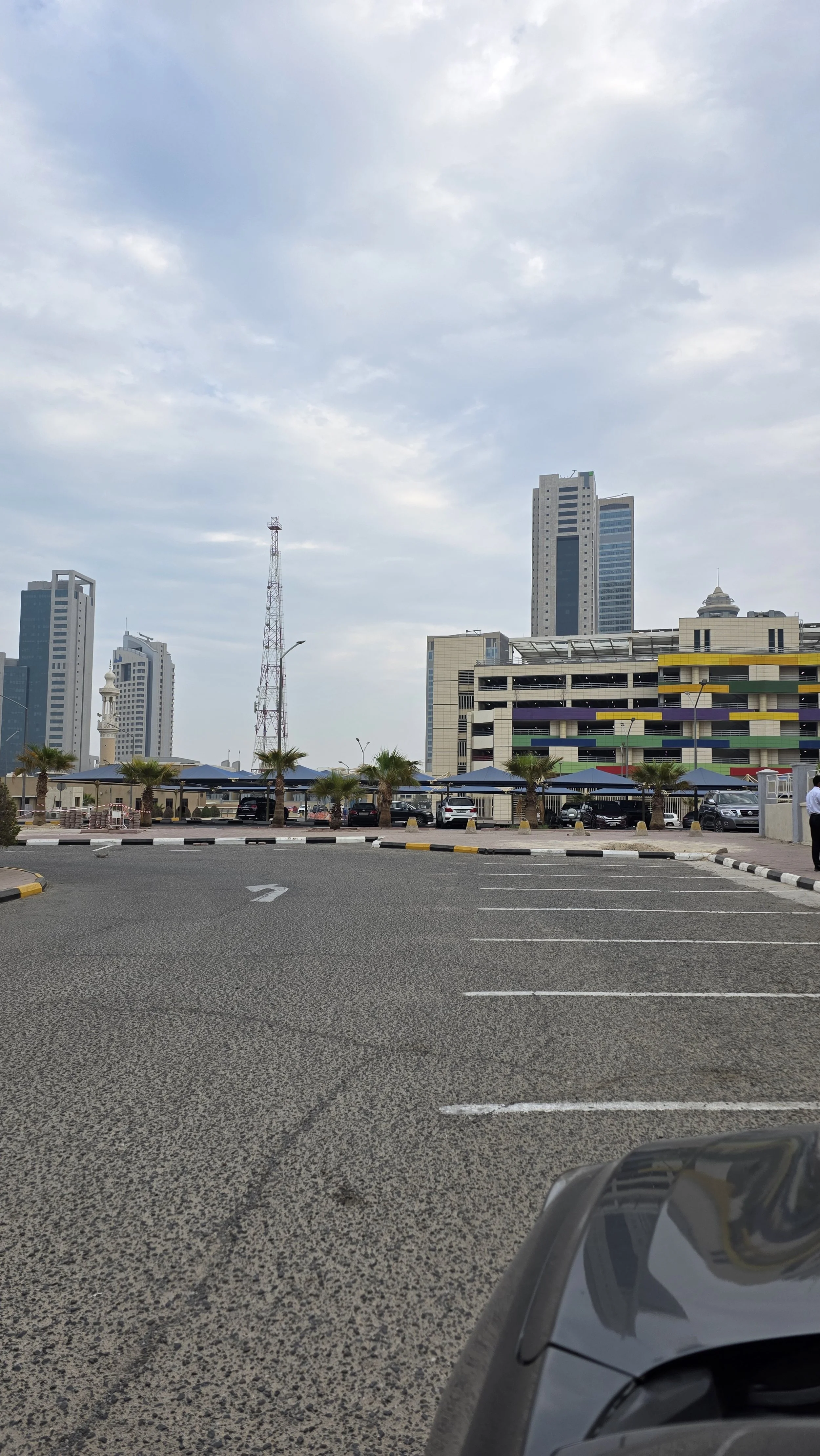 An urban parking lot with multiple empty spaces in the foreground, a row of palm trees, parked cars, and a colorful building with a multi-story parking garage. In the background are tall modern skyscrapers under a partly cloudy sky.