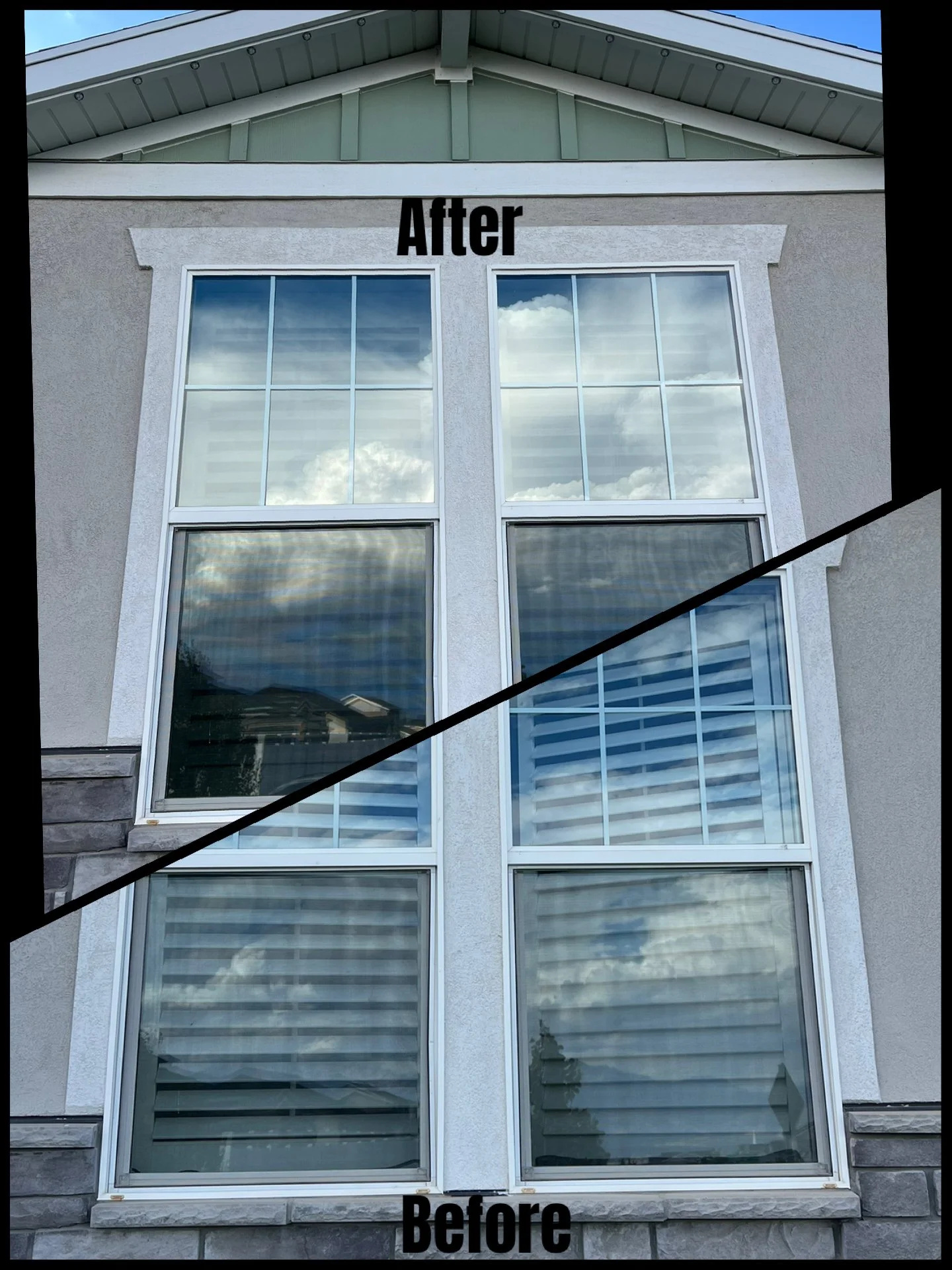Comparison of a building's exterior window area labeled 'Before' at the bottom and 'After' at the top, indicating a renovation or cleaning, with visible reflections of the sky and surroundings in the windows.