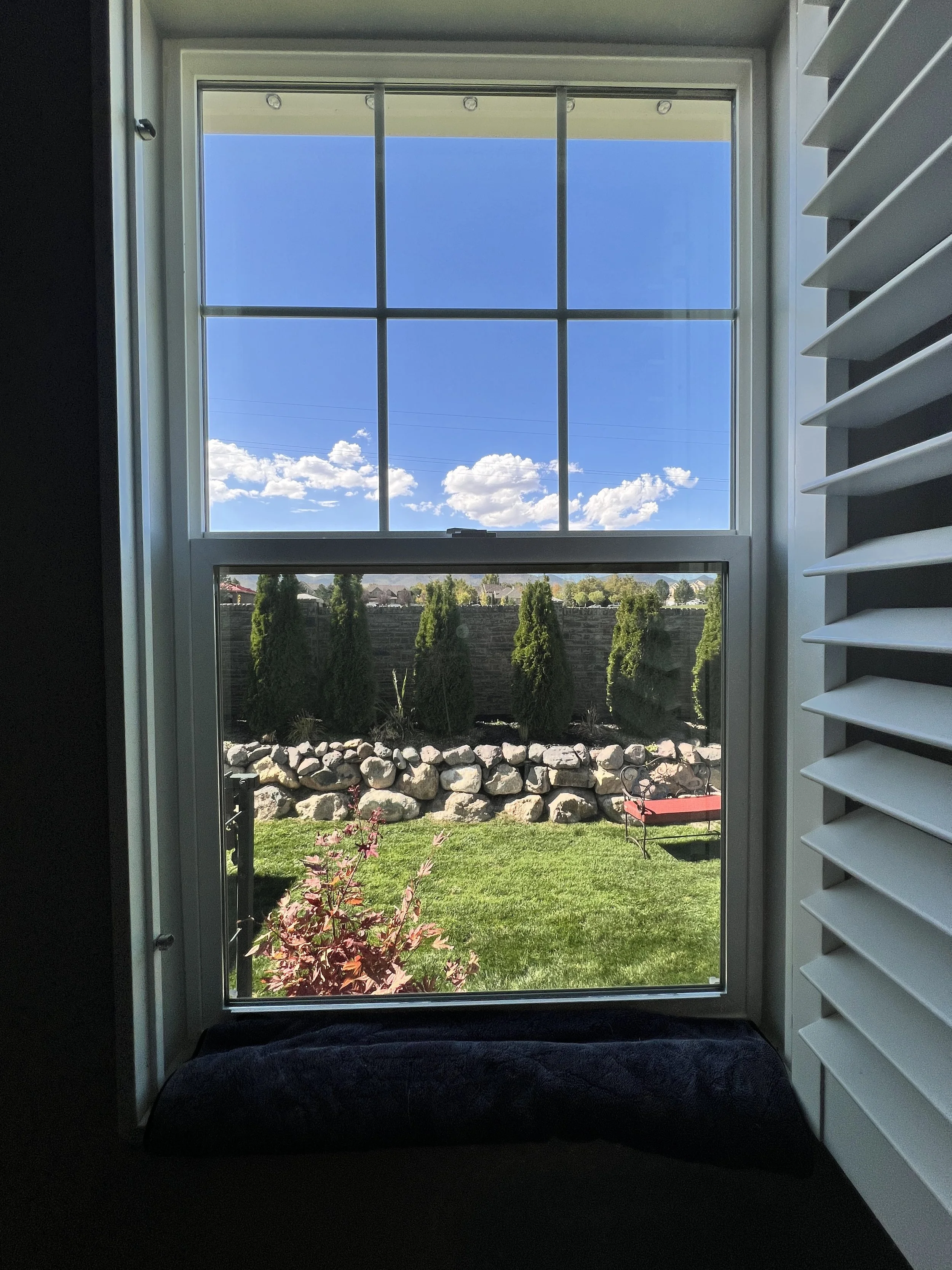 View through a window showing a backyard with grass, a row of small trees, a stone border, rocks, a red bench, and a blue sky with clouds.