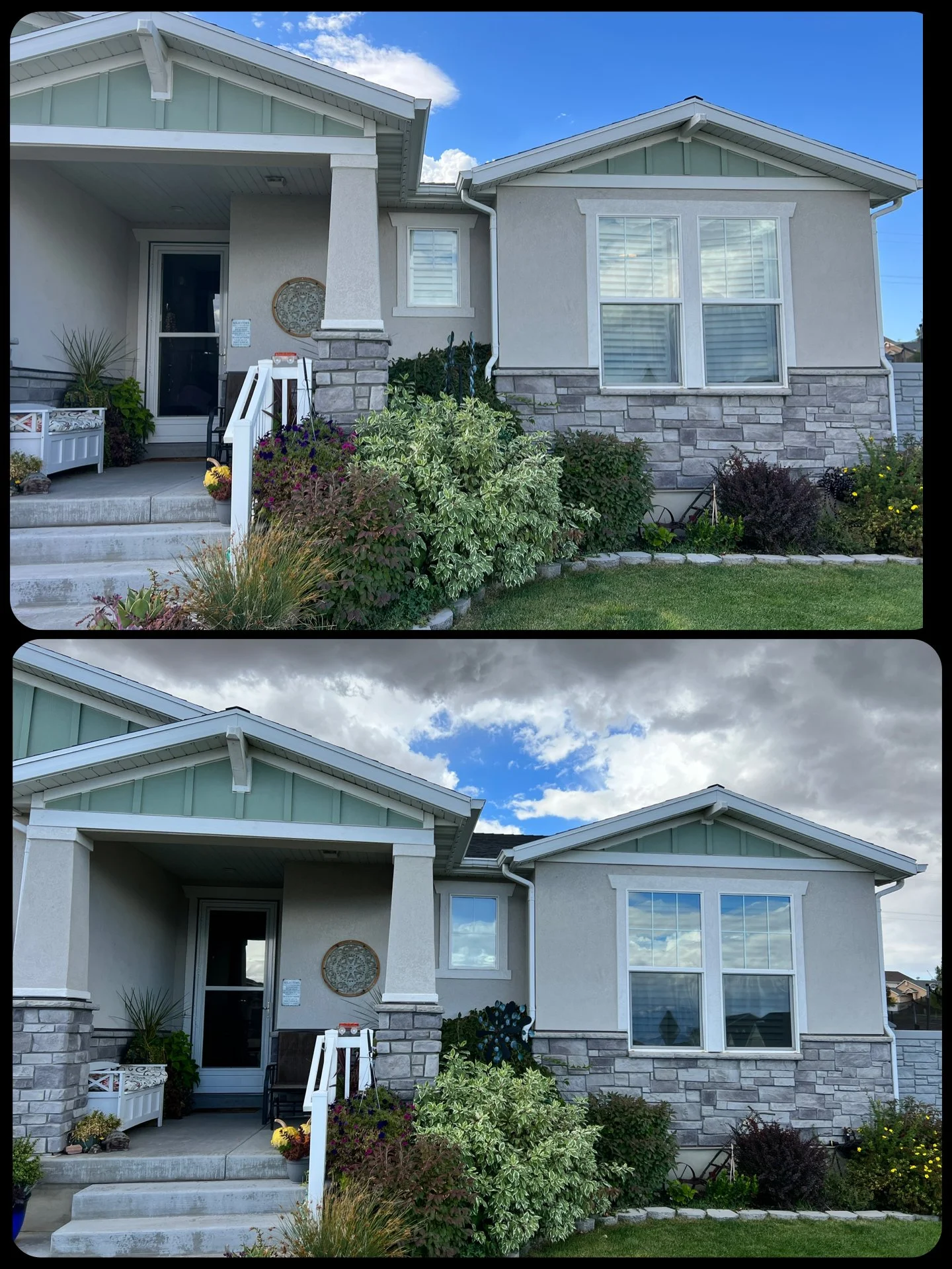 Comparison of two images of the front of a house showing sky, garden, and house exterior, with minor differences in sky clouds and lighting.