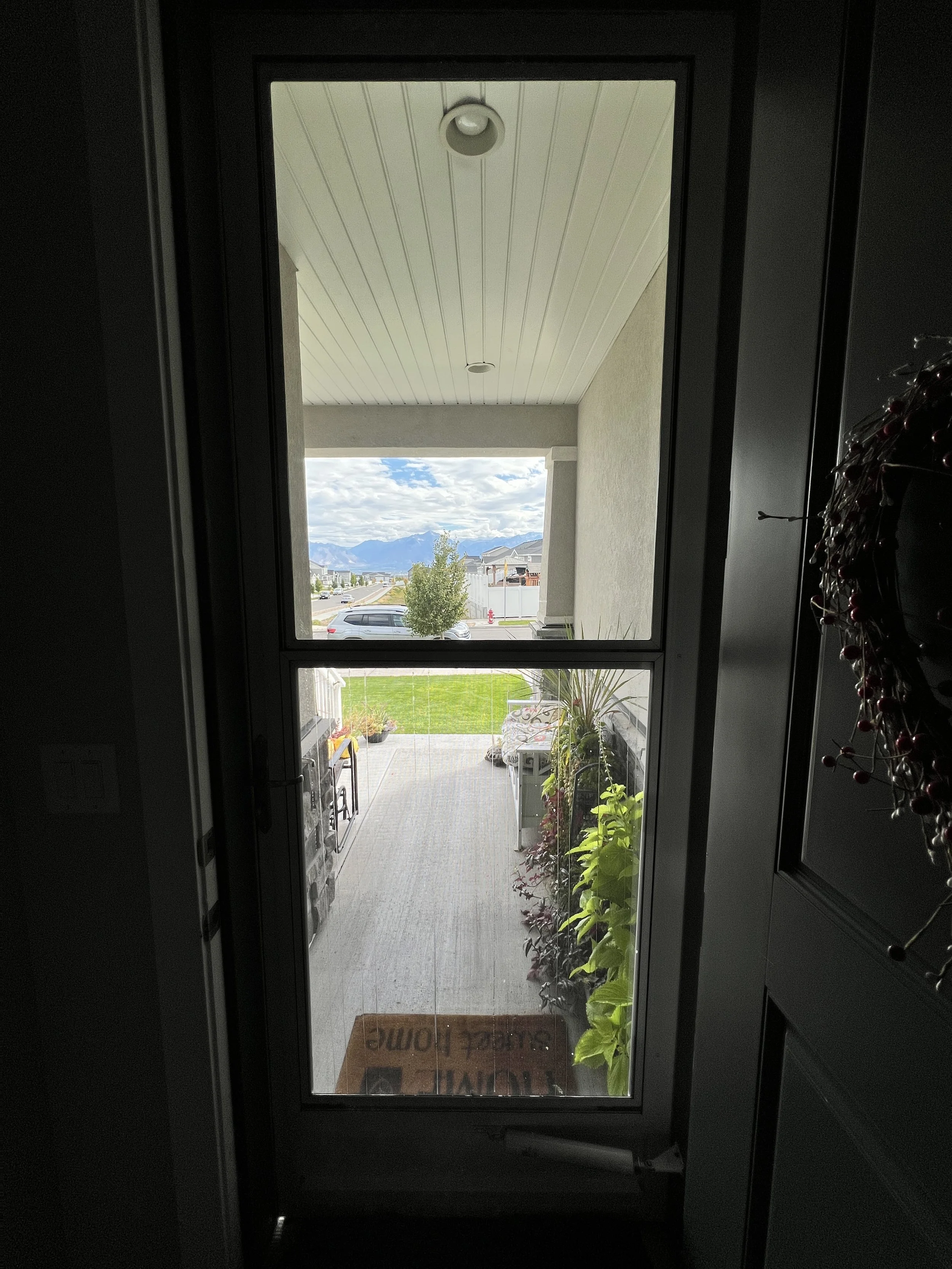View through a glass door showing a porch with plants, a barbecue grill, a lawn, a driveway, parked cars, and mountains in the distance under a partly cloudy sky.