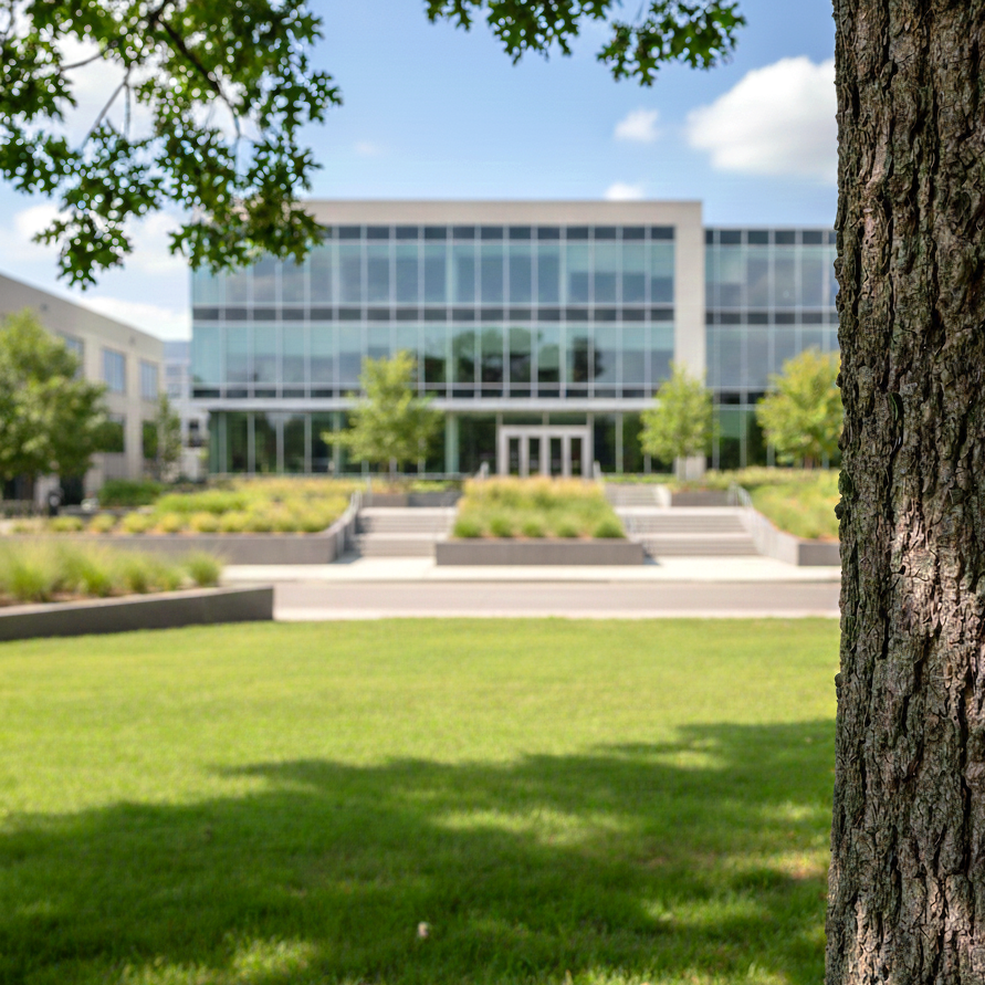 A modern office building with reflective glass windows surrounded by landscaped greenery, trees, and steps leading up to the entrance.