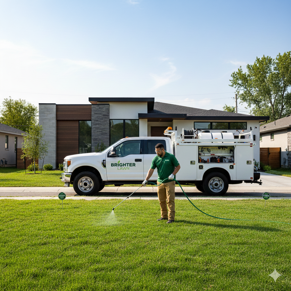 A worker in a green uniform watering the lawn in front of a modern house, with a white service truck labeled 'Brighter Lawn' parked on the street.