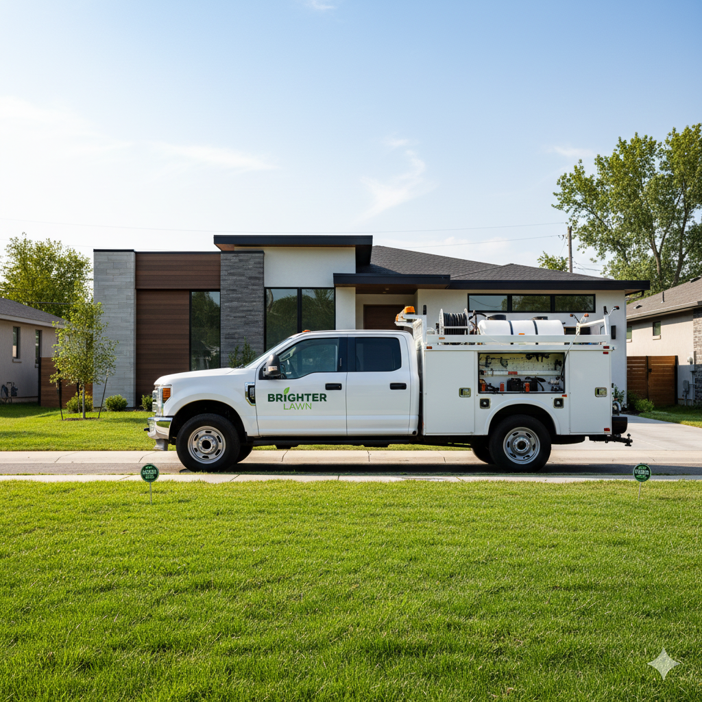 A white lawn care service truck with the logo 'Brighter Lawn' parked in front of a modern house with a well-maintained lawn and trees.