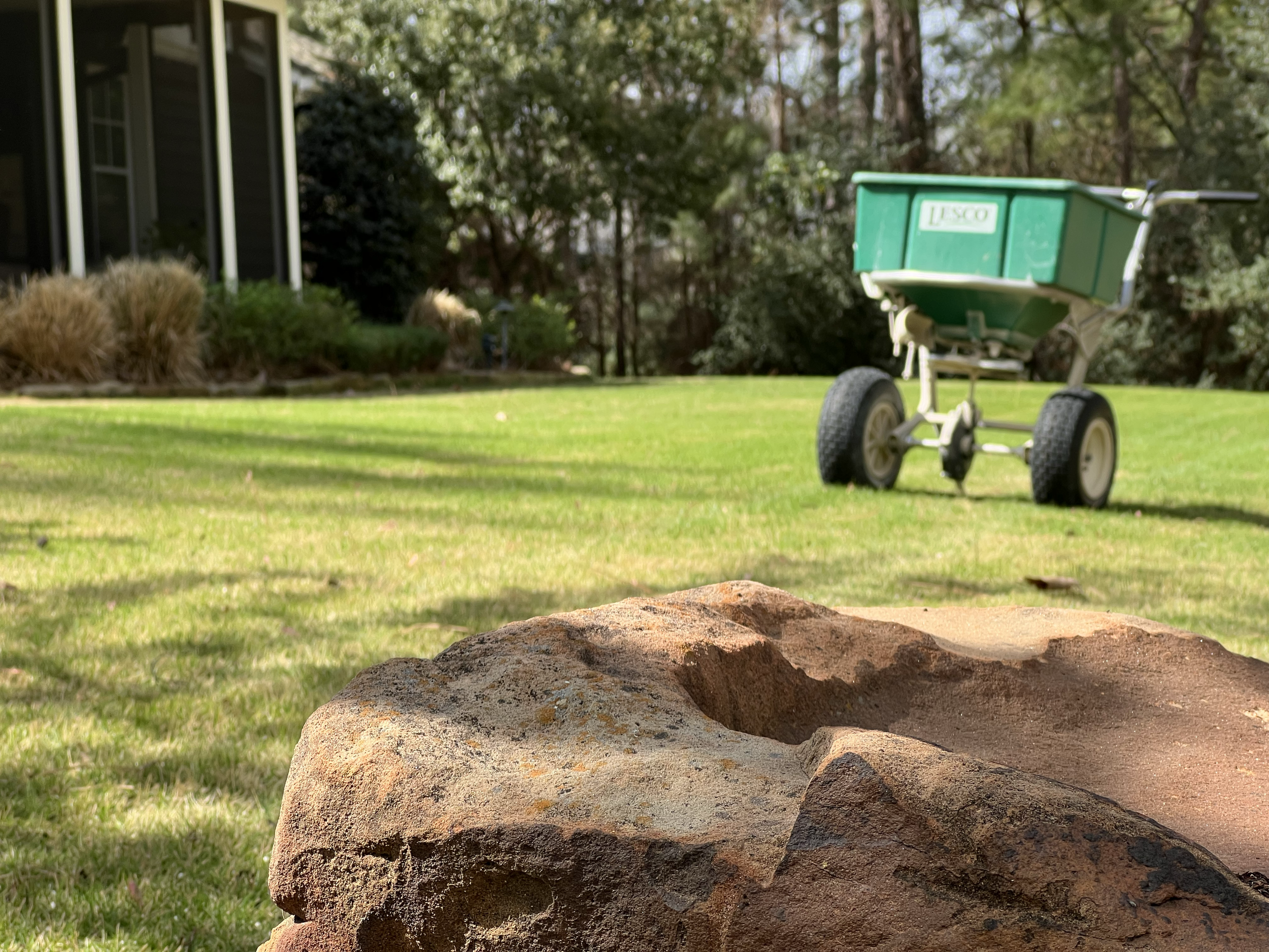 A close up picture of a large moss rock boulder with a lush green Bermuda lawn with a green Lesco 80lb commercial spreader parked in the background in the lane of a home in Bluejack International golf course community in Montgomery Tx