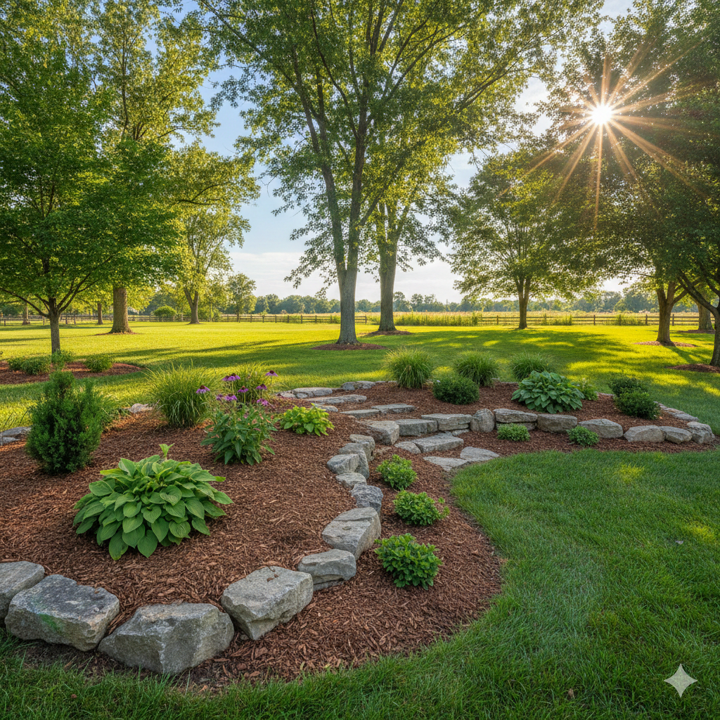 A landscaped garden with a variety of green plants and shrubs, bordered by a circular arrangement of rocks, with lush green grass, tall trees, and the sun shining through the leaves in the background.