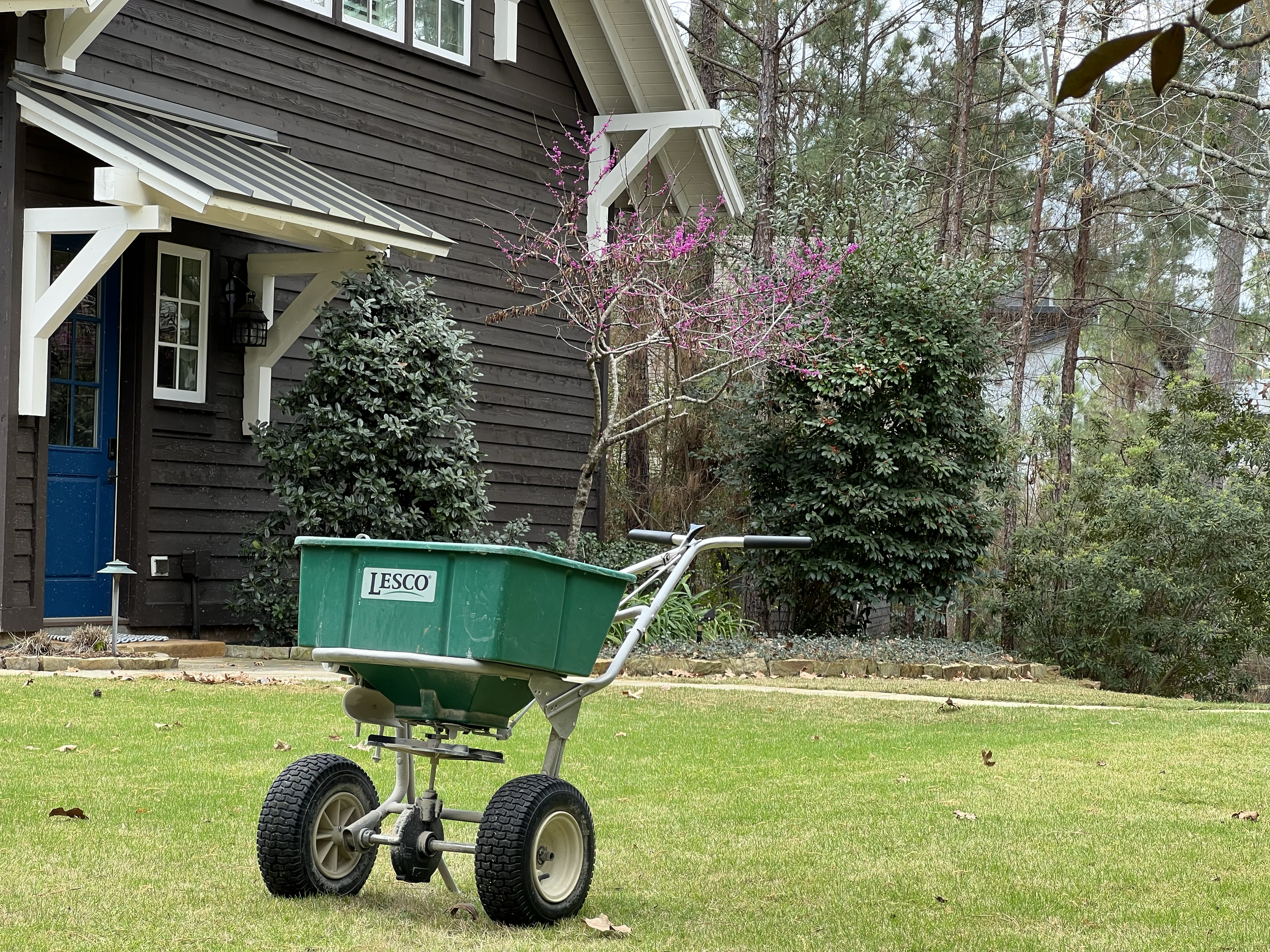 A picture of a commercial Lesco spreader in a lush green Bermuda lawn in front of a cabin styled home in the Magnolia area in Houston tx.