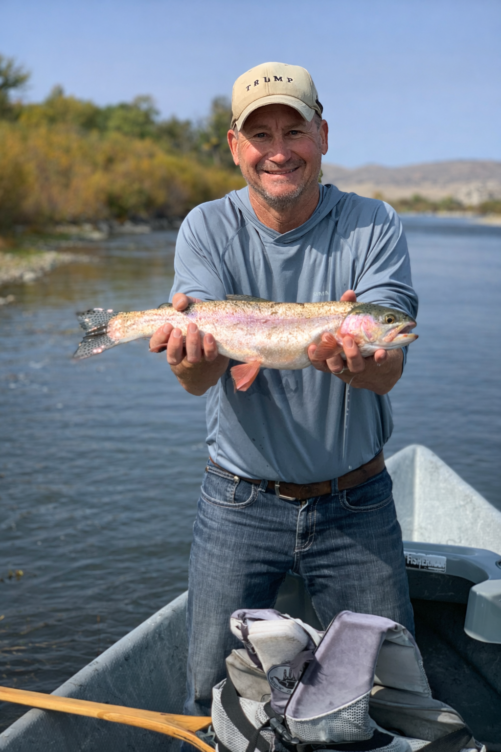 A man wearing a beige cap with the word 'TRUMP' on it, smiling, holding a large rainbow trout over water with trees and hills in the background.