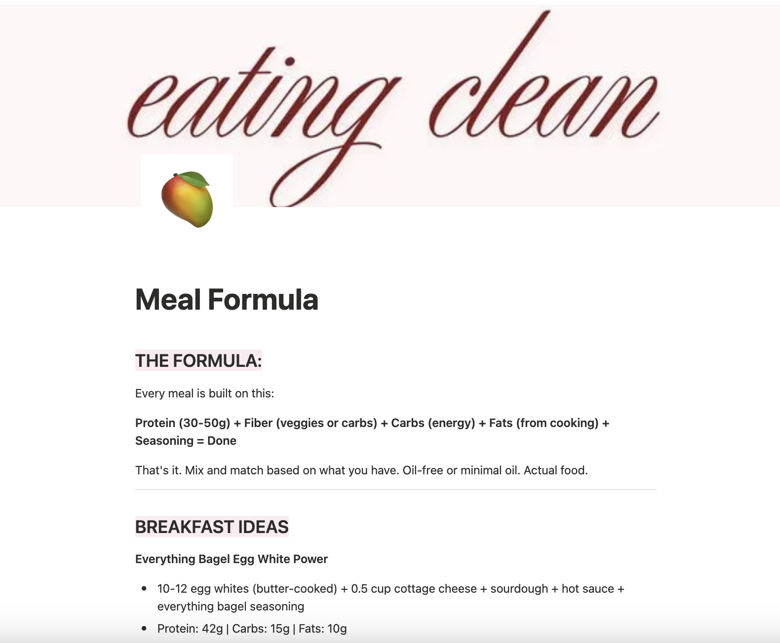 Website page with the title 'Eating Clean' and a mango emoji. The page discusses meal formulas including protein, fiber, carbs, fats, and seasoning. It also suggests breakfast ideas like egg whites, cottage cheese, sourdough, hot sauce, and seasonings.