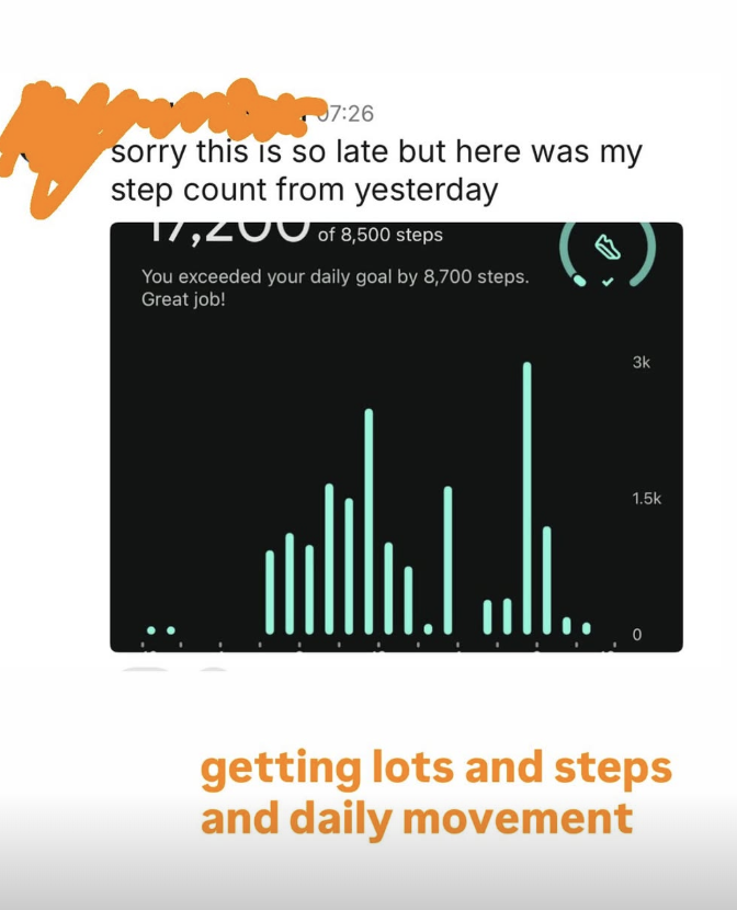 A screenshot of a fitness app showing a step count of 12,200 out of 8,500 steps, with a message indicating the user exceeded their daily goal by 8700 steps. The app displays a bar graph of daily step activity and has a note at the bottom saying, "getting lots and steps and daily movement}".}docker ags-advanced-developer-codex-003-qa-17-0c7c48b0-4d69-4be7-87f6-021fd4d829e2-topicale-5be477de-a733-429e-8834-e18ed84b9094-ending})();