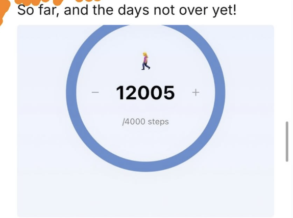 A digital pedometer display showing 12,005 steps out of 4,000 target steps, with a small walking figure icon above the number.