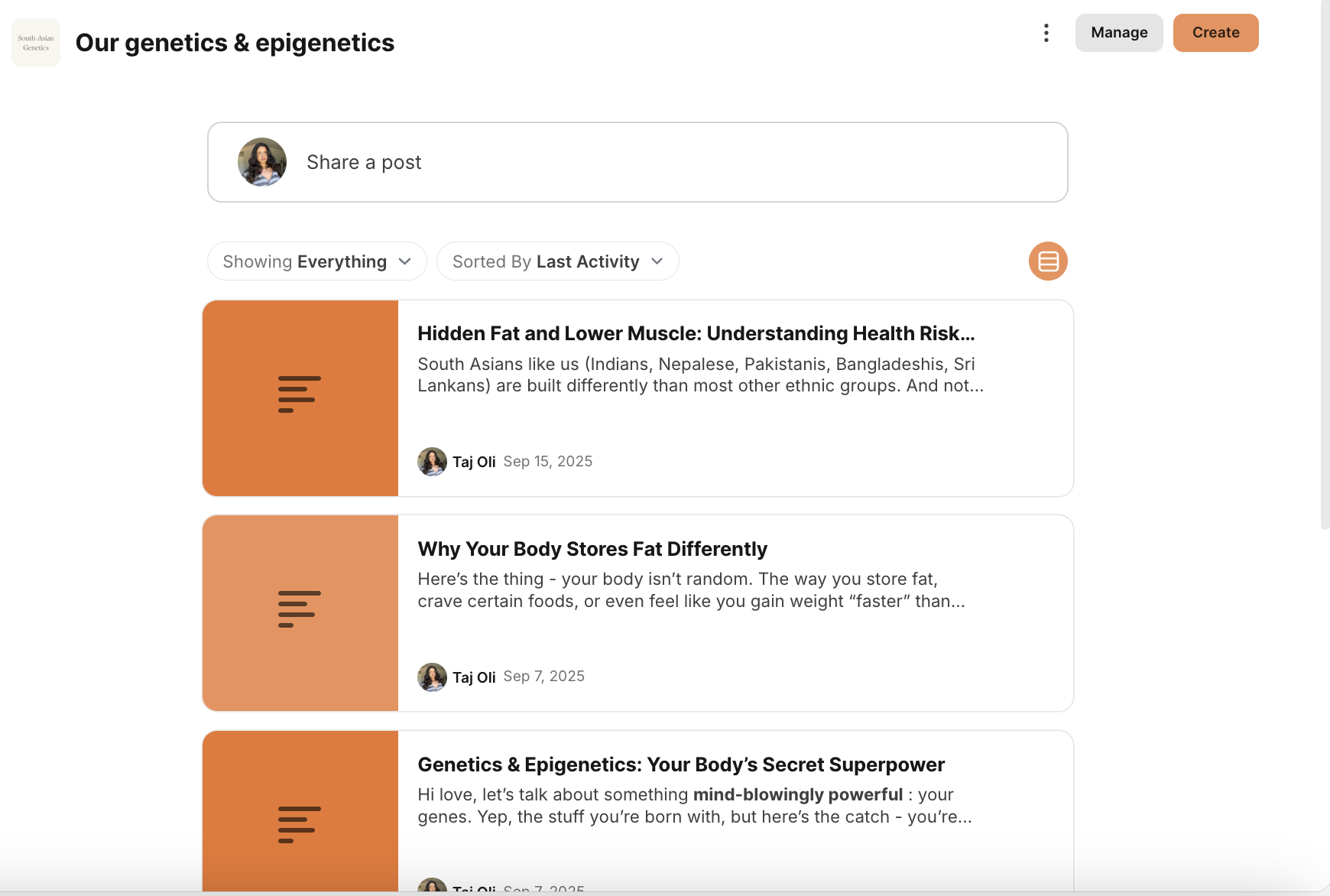 Screenshot of a webpage titled 'Our genetics & epigenetics' with articles about health and genetics, featuring profile pictures, article titles, and publication dates.