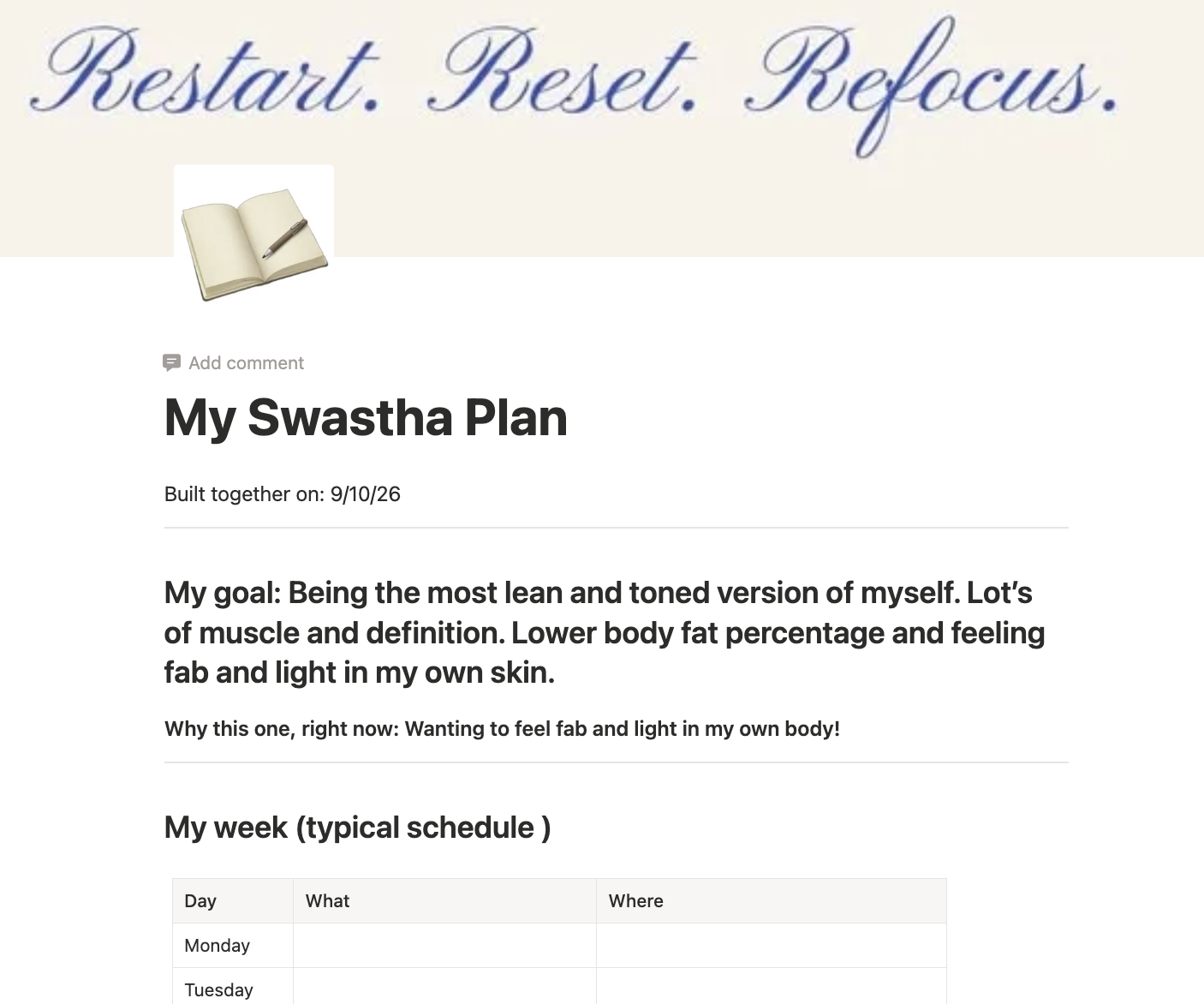 A digital screenshot of a personal wellness plan titled 'My Swastha Plan' with a notebook icon at the top, the plan includes a start date, a goal to achieve leaner and toned physique with lower body fat, and a weekly schedule table for tracking daily activities and locations.