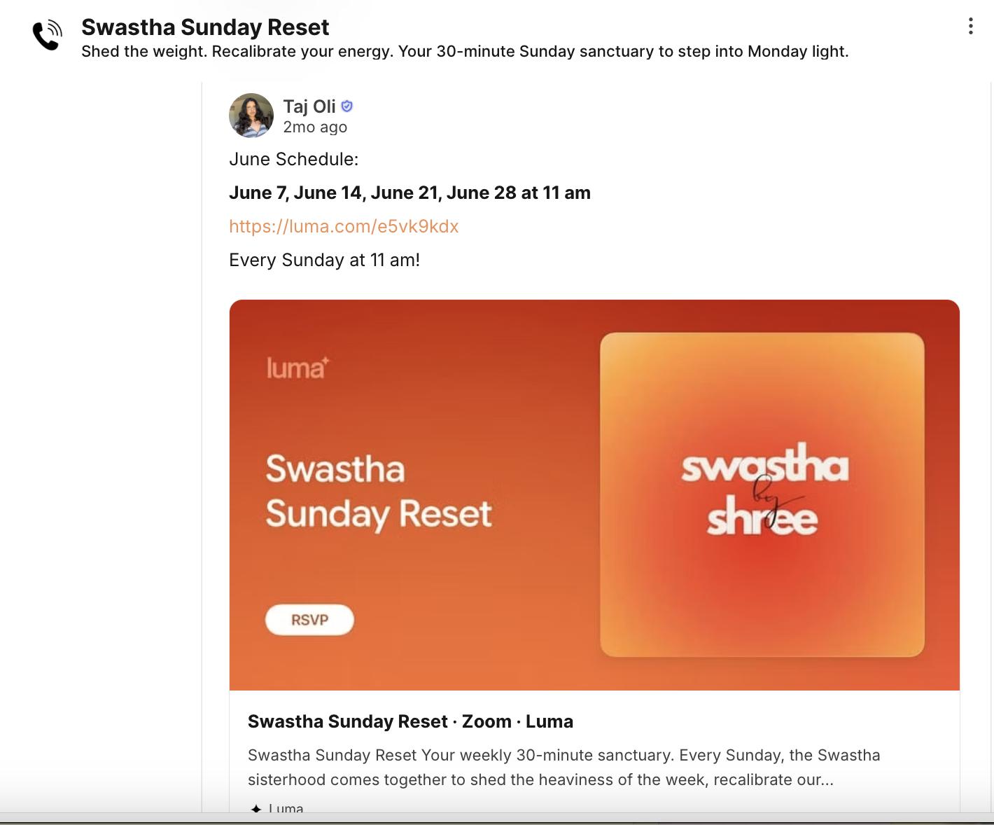 An advertisement for the Swastha Sunday Reset event with orange background, white text, and a logo that says 'swastha by shree'.
