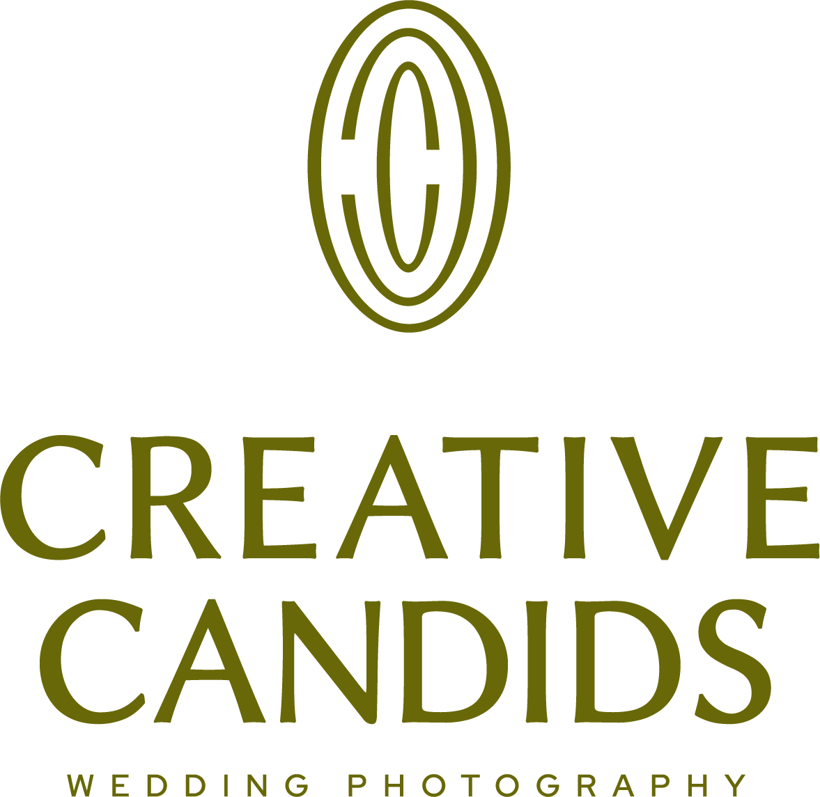 Elegant oval logo with nested C's in the shape of a camera lens with style type underneath that reads Creative Candids | Wedding Photography