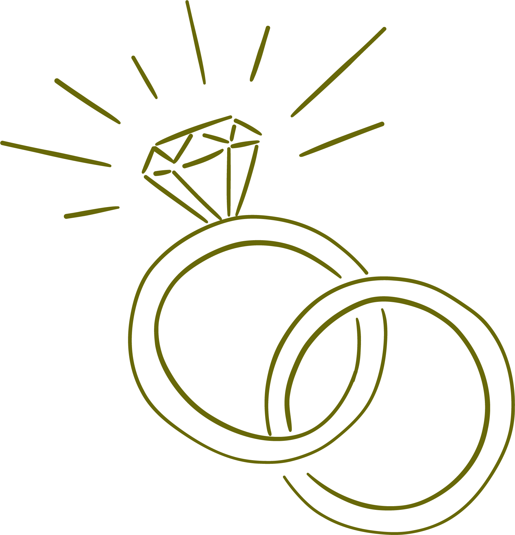 Outline drawing of two wedding rings with a diamond, one ring overlapping the other, with radiating lines suggesting sparkle.