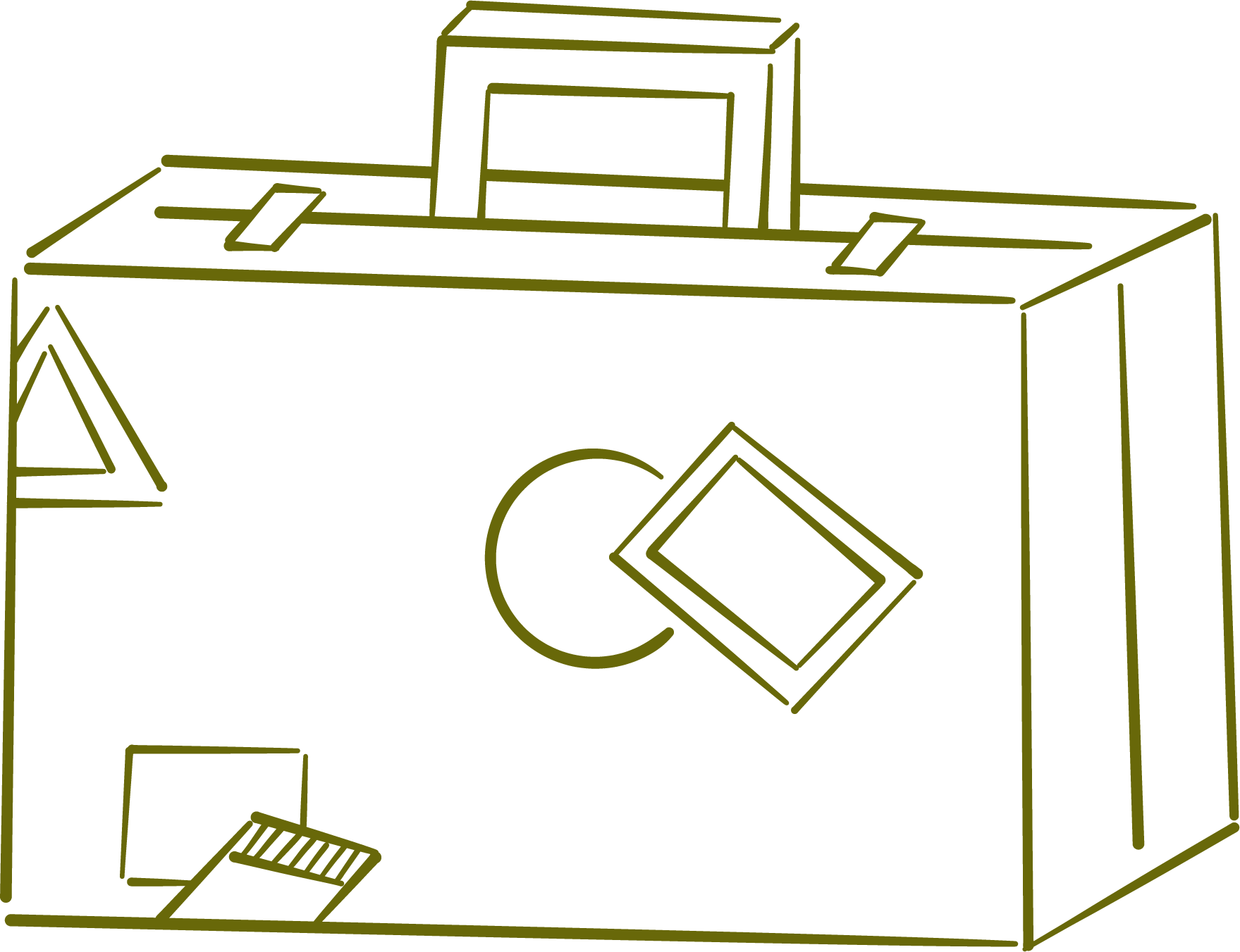 Line drawing of a cardboard box with a circle and a diamond shape on its front, a telephone and a notepad nearby, and some tape on the top.