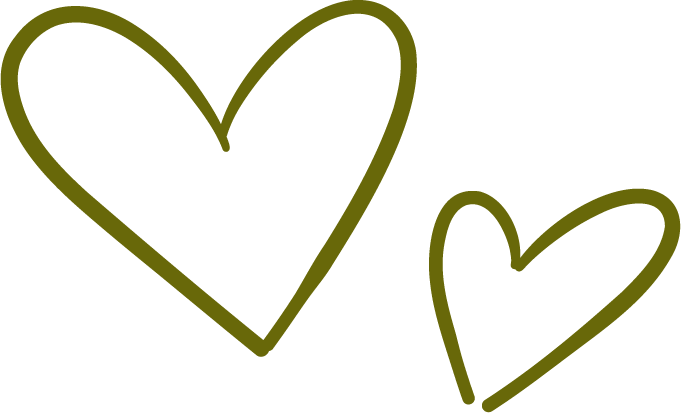 Two outlined hearts, one larger and one smaller, in an olive green color.