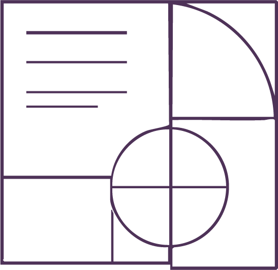 Geometric drawing of an outline square with sections divided by vertical, horizontal, and diagonal lines.