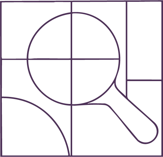 Geometric drawing of an outline square with sections divided by vertical, horizontal, and circle lines.