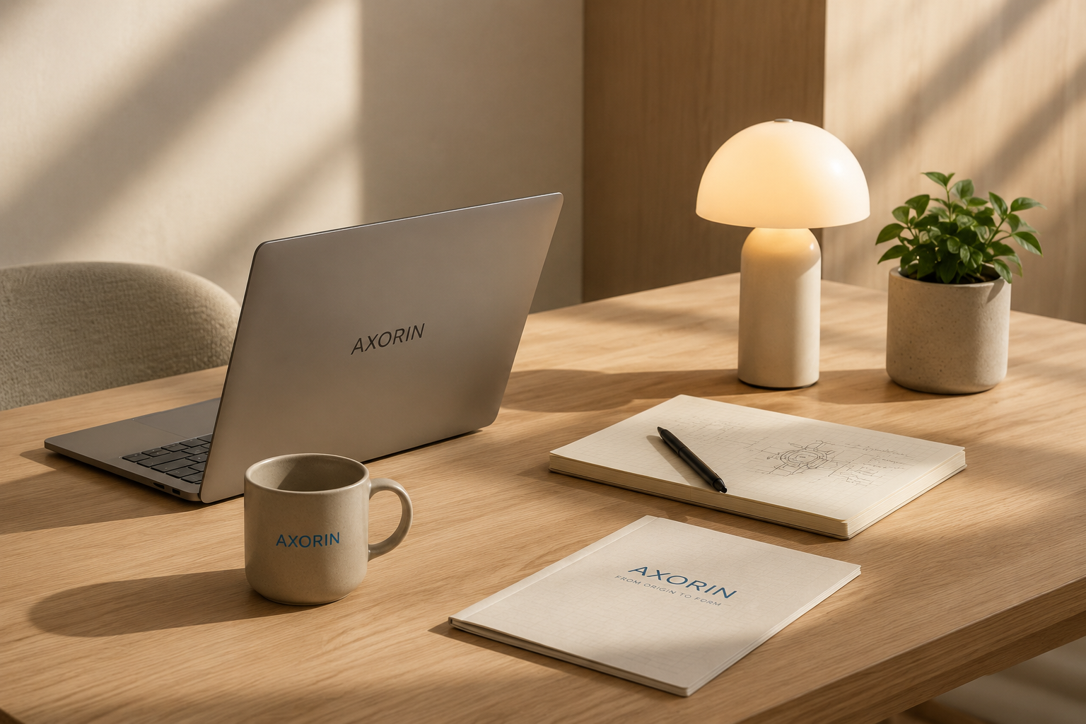 Ein Schreibtisch mit Laptop, Kaffeetasse, Notizbüchern, einem Stift, einem Tischlampen und einer Topfpflanze.