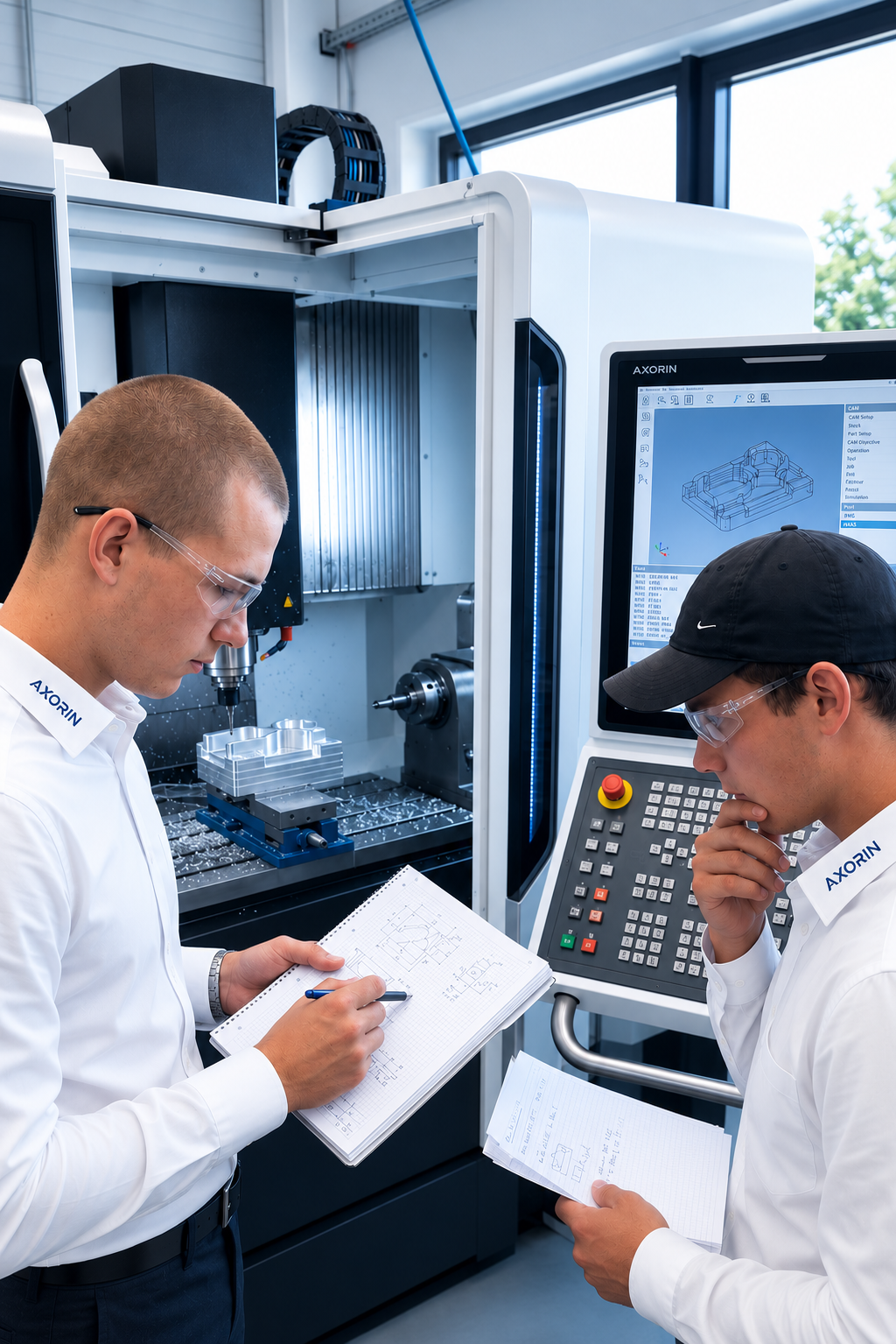 Zwei Männer in Schutzbrillen und weißen Hemden arbeiten mit einer CNC-Maschine in einem technischen Labor. Der eine schreibt auf einem Skizzenblock, der andere liest aufmerksam in einem Notizbuch.