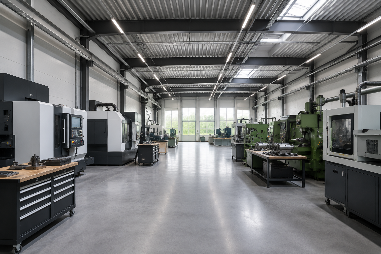 Innenansicht einer modernen Werkshalle mit verschiedenen CNC-Maschinen und Werkbänken, großes Fenster auf der Rückseite, helle Beleuchtung.