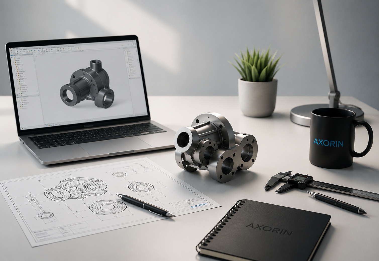 Ingenieurarbeitsplatz mit technischem Modell, technischen Zeichnungen, Laptop mit CAD-Design, Kaffeetasse, Notizbuch, Stift, Messgerät, Schreibtischlampe, Pflanze, und einer Tasse mit Axorin-Logo.