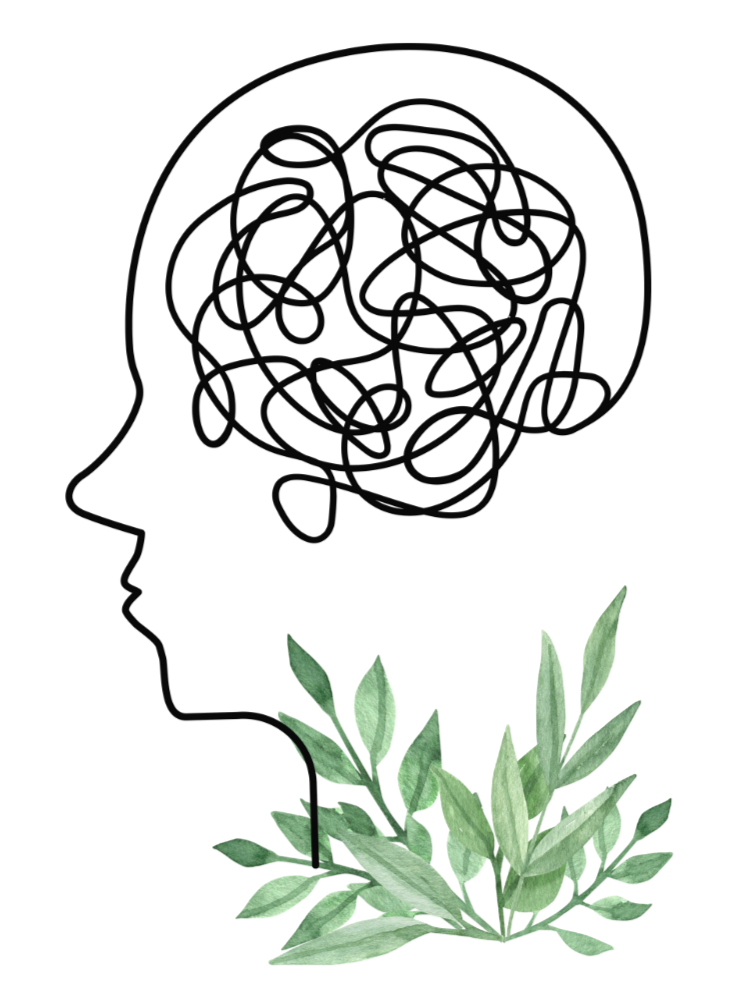 A black line drawing of a person's profile with a tangled scribble inside the head, and a bunch of green leaves at the bottom.