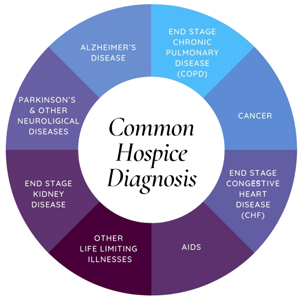 Diagram showing common hospital diagnoses, including Alzheimer's disease, COPD, lung cancer, congestive heart failure, AIDS, other life-limiting illnesses, kidney disease, neurological diseases, Parkinson's disease, and other conditions.