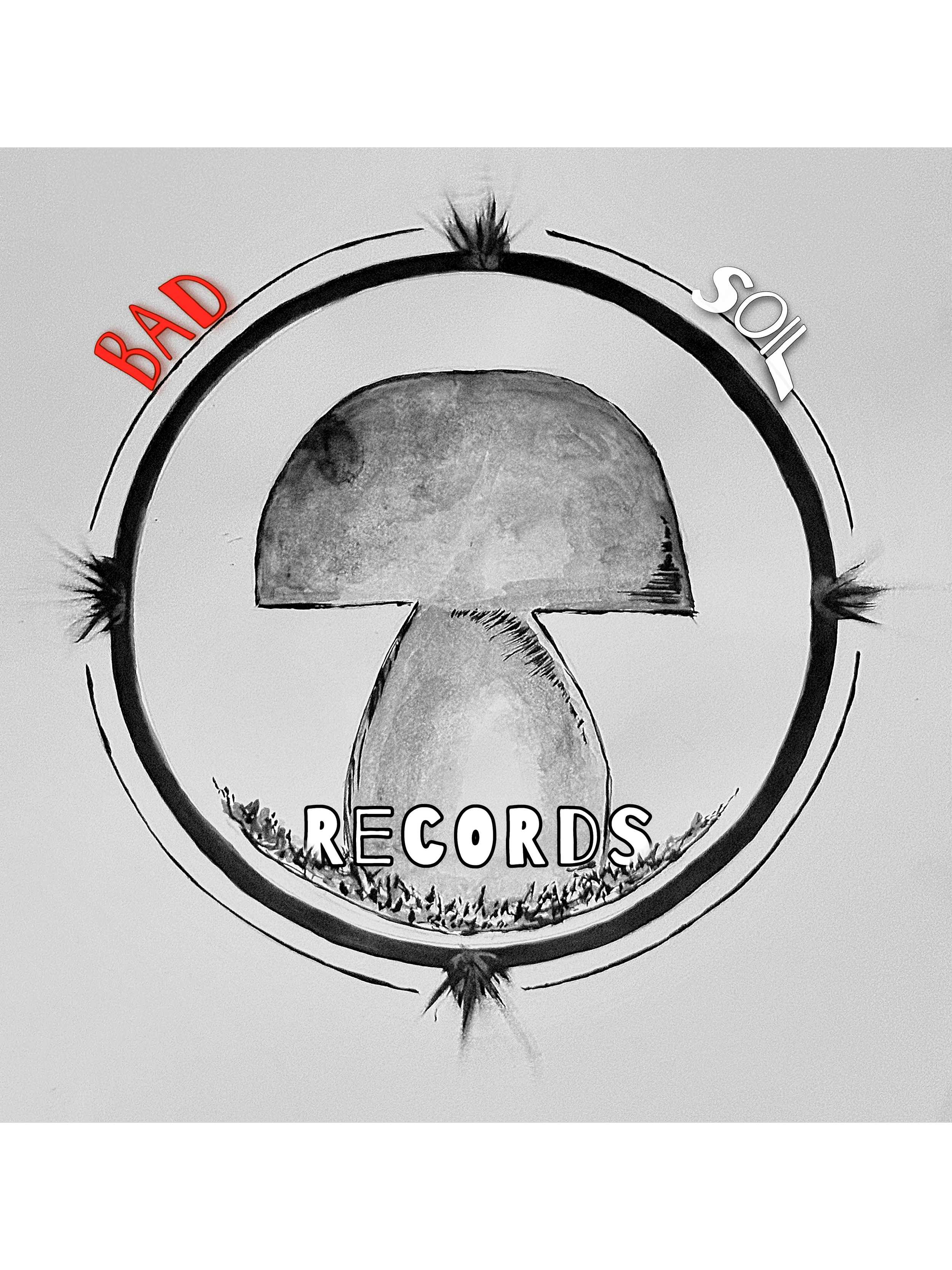 Black and white logo for Bad Sol Records featuring a mushroom inside a circular border with spikes at the top, bottom, and sides, with the words 'BAD' in red to the left, 'SOL' in white to the right, and 'RECORDS' at the bottom.