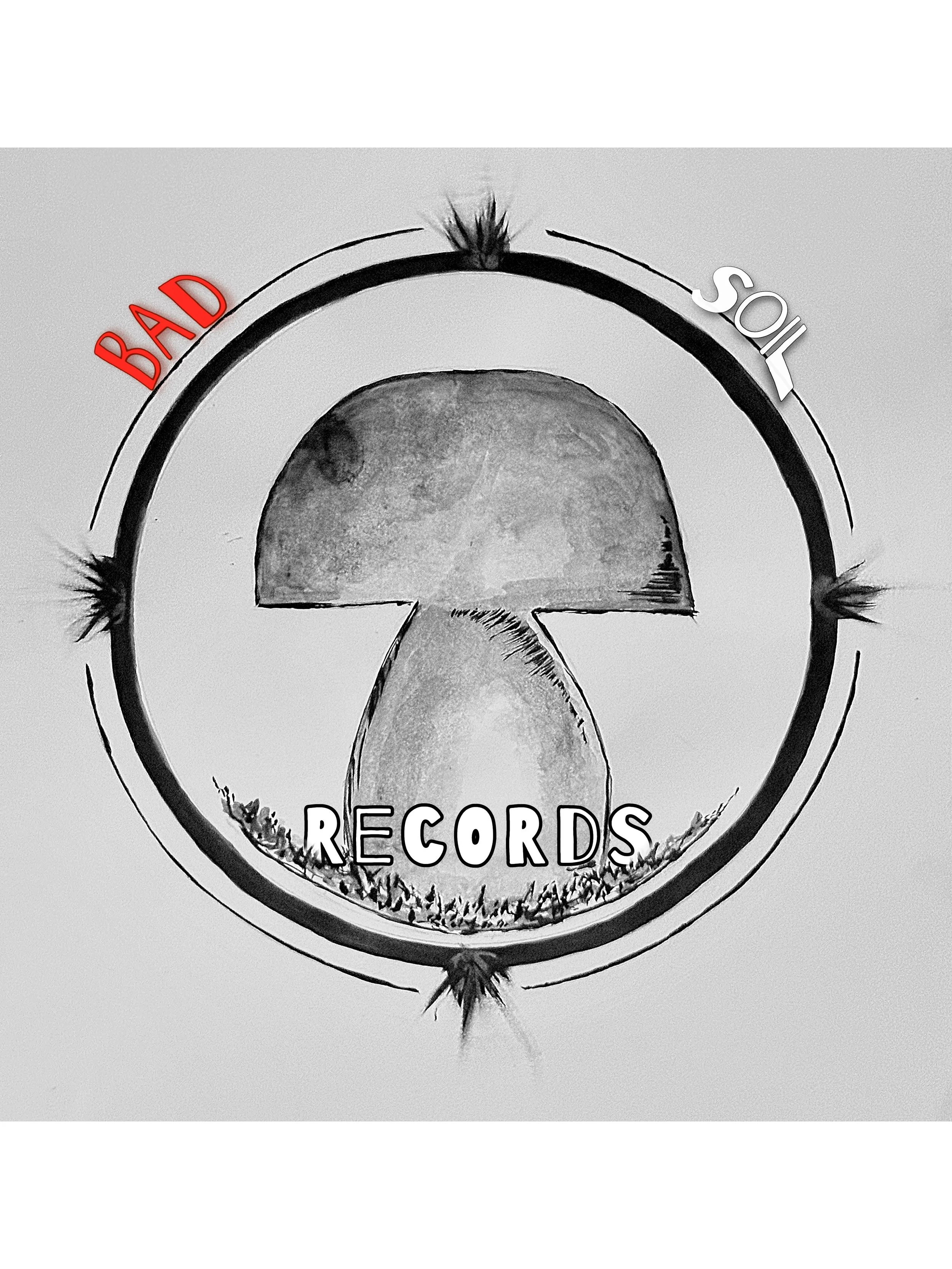 Black and white logo of mushrooms with the word 'RECORDS' at the bottom, and 'BAD' in red and 'SOIL' in white on the top left and right sides respectively.