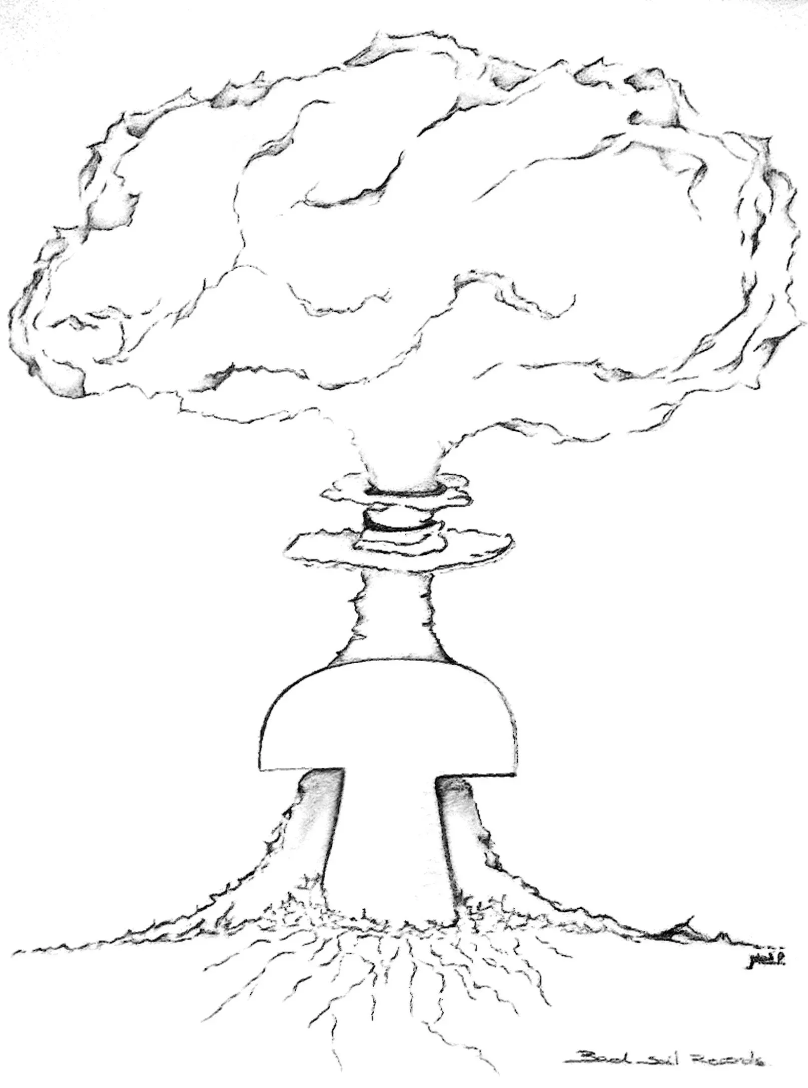 Black and white sketch of a large mushroom cloud, three with two smokey rings, embracing the energy, beneath, a mushroom-shaped plume of smoke rising into the sky, and roots or cracks extending from the base, symbolizing the label of Wess Vida, BSLR.