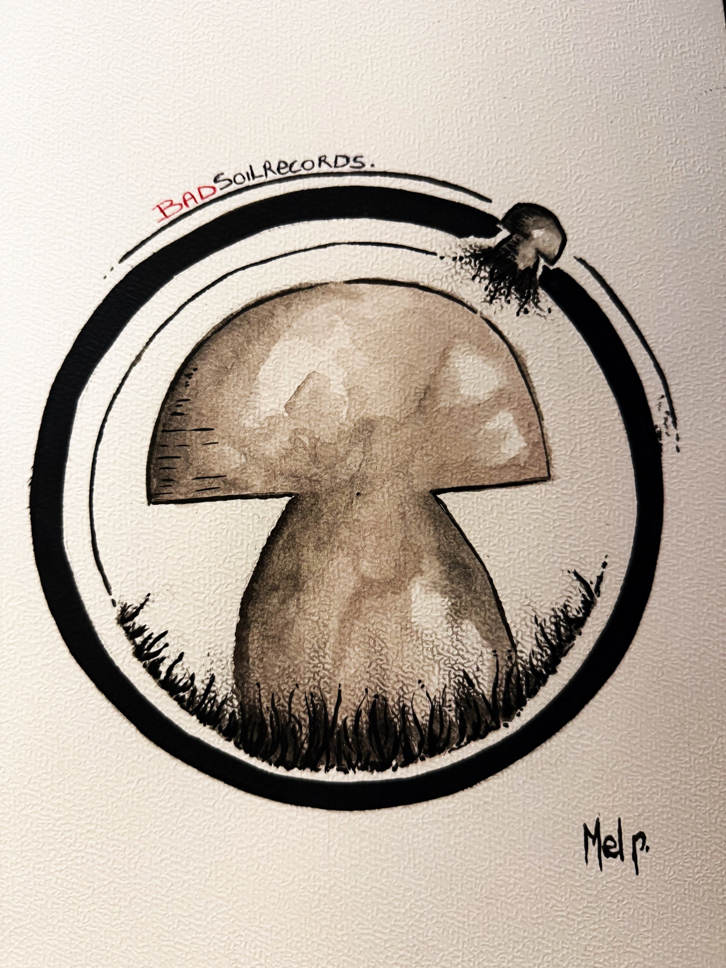 A circular design containing a mushroom with a gradient brown cap and stem, surrounded by a black ring. A small insect with wings is perched on the edge of the ring. The words 'BAD SOL RECORDS' are written in black and red around the top of the ring, and the name 'Mel P.' is signed at the bottom right.