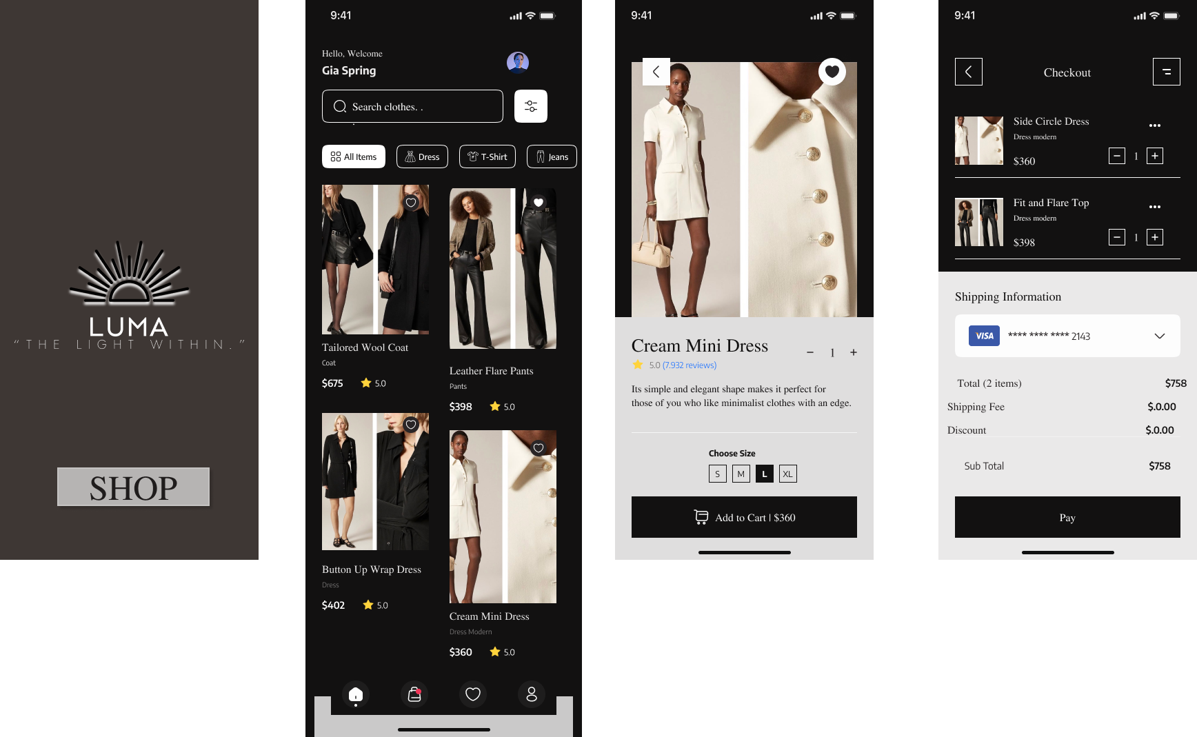 This direction uses dark, moody colors and the refined Jomolhari font to evoke a museum-like sophistication. Square buttons, structured layouts, and elevated photography featuring serious, editorial-style clothing create a sense of exclusivity and ar