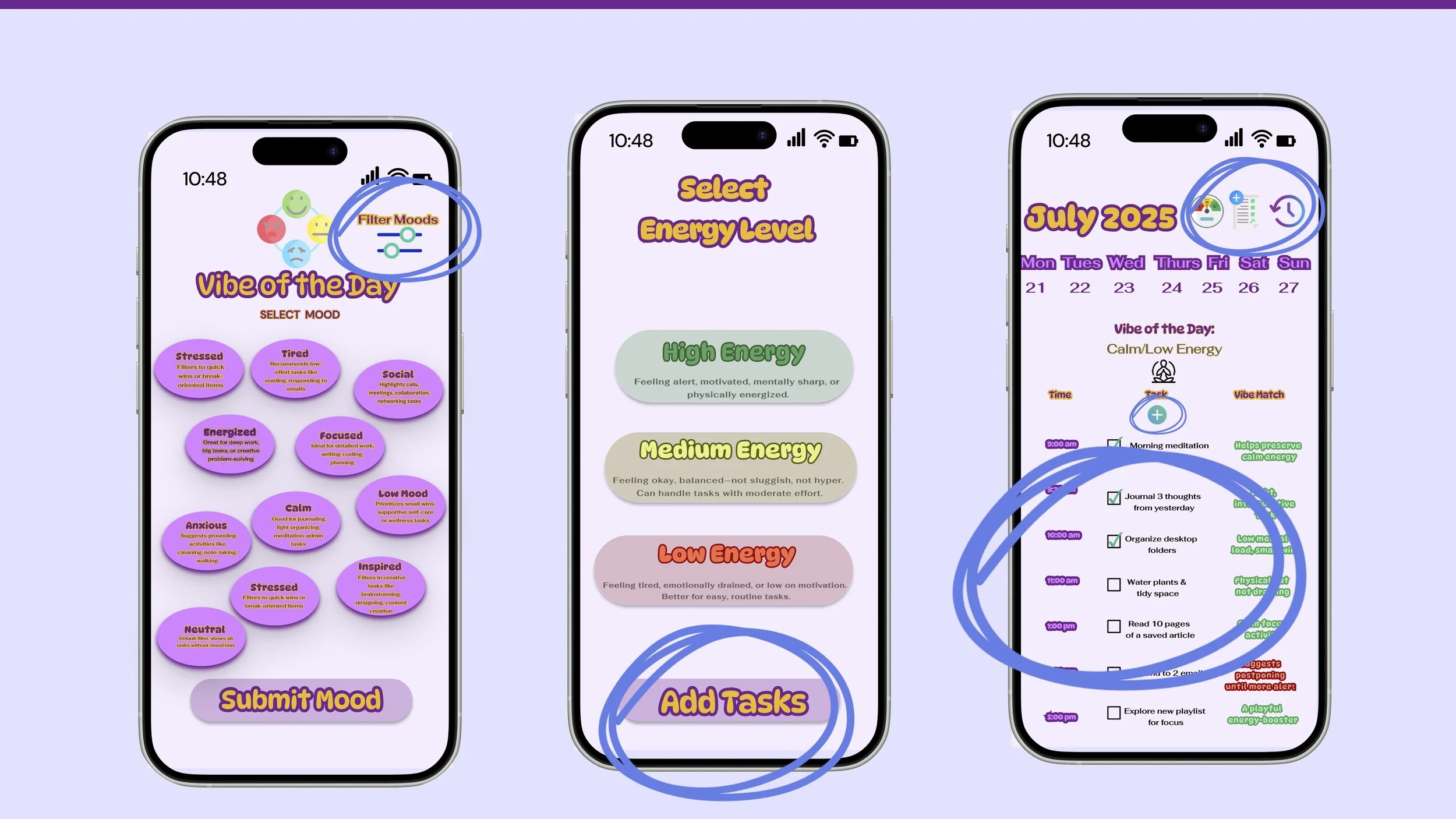 The final design features a mood-based dashboard, color-coded task cards, and optional prompts to reflect daily feelings, all built with reusable components for consistency. Key decisions included dynamic layouts that adapt to task quantity, calming 