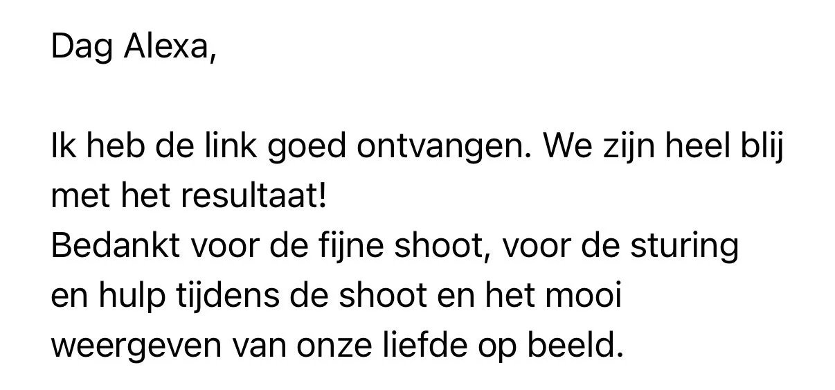 Een tekst gericht aan Alexa, bedankt voor het ontvangen van de link, het vieren van de goede resultaten, en de complimenten over de shoot, de besturing en het beeld van de liefde.