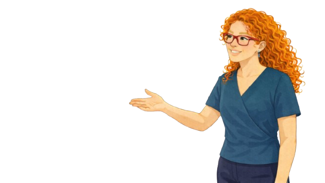 A woman with curly red hair, glasses, wearing blue scrubs, pointing to the left with her right hand.