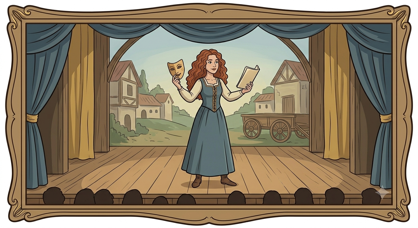 A woman dressed in period costume standing on a stage, holding a script in one hand and a theatrical mask in the other, with an outdoor painted backdrop of a village scene behind her.