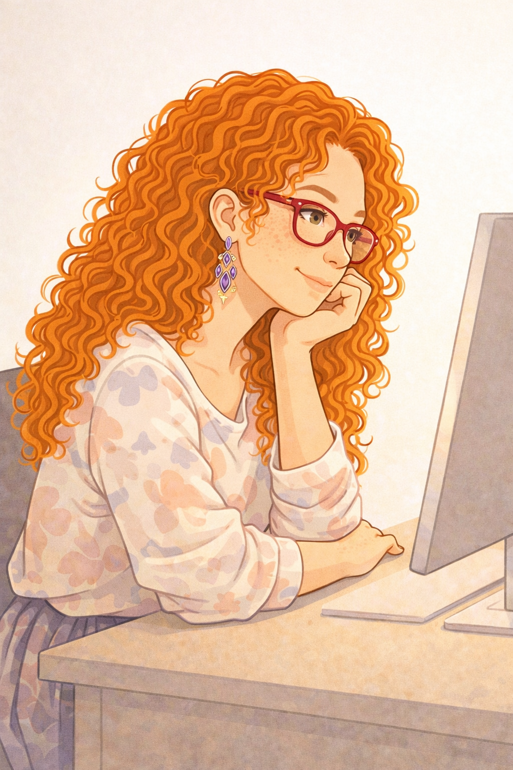 A woman with long, curly red hair, glasses, and purple earrings sitting at a desk, looking at a computer monitor with a focused expression.